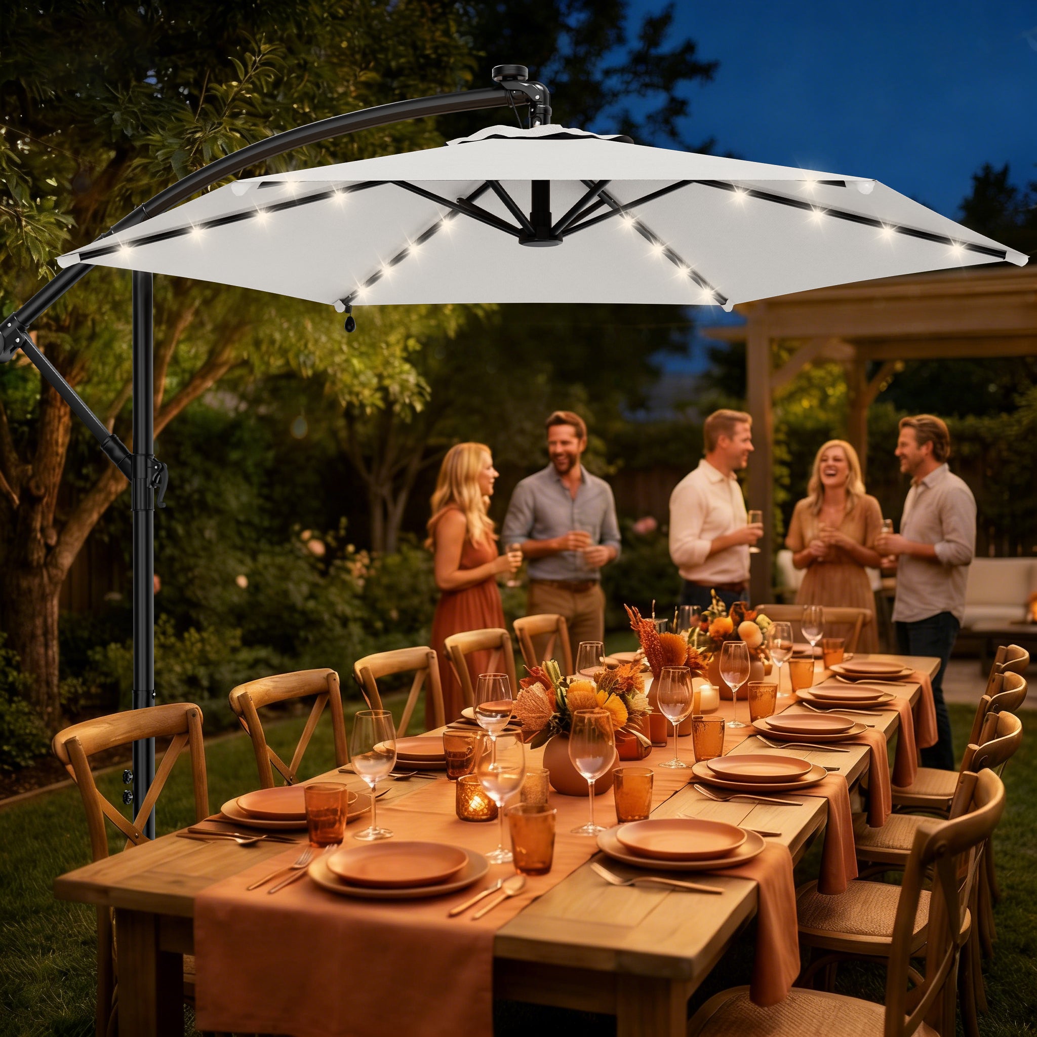Easthome 10ft Solar LED Offset Hanging Market Patio Umbrella for Backyard, Poolside, Lawn and Garden w/Easy Tilt Adjustment, Polyester Shade, 6 Ribs