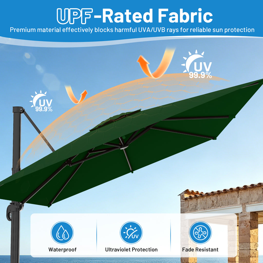 Easthome 10 × 10FT Square Cantilever Patio Umbrella, 360° Rotating Offset Umbrella with Crank, 8 ribs, Outdoor Hanging Roman Umbrella for Garden Deck Backyard