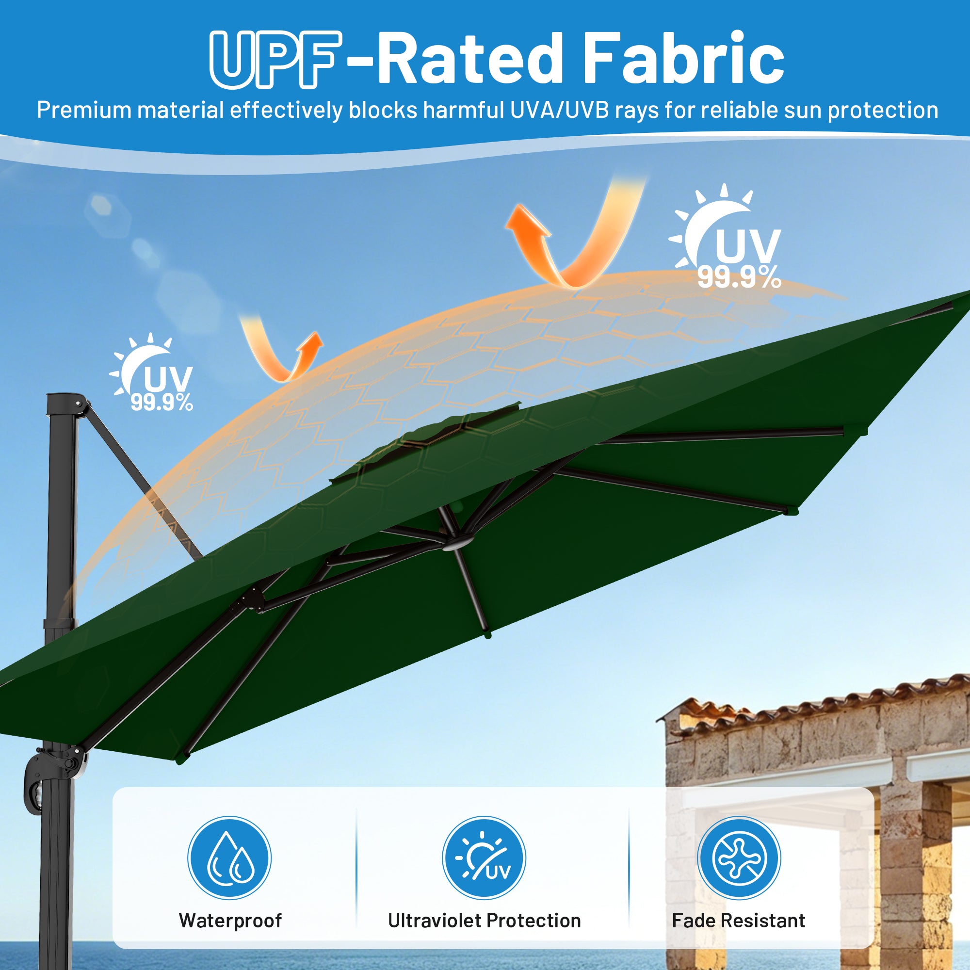 Easthome 10 × 10FT Square Cantilever Patio Umbrella, 360° Rotating Offset Umbrella with Crank, 8 ribs, Outdoor Hanging Roman Umbrella for Garden Deck Backyard