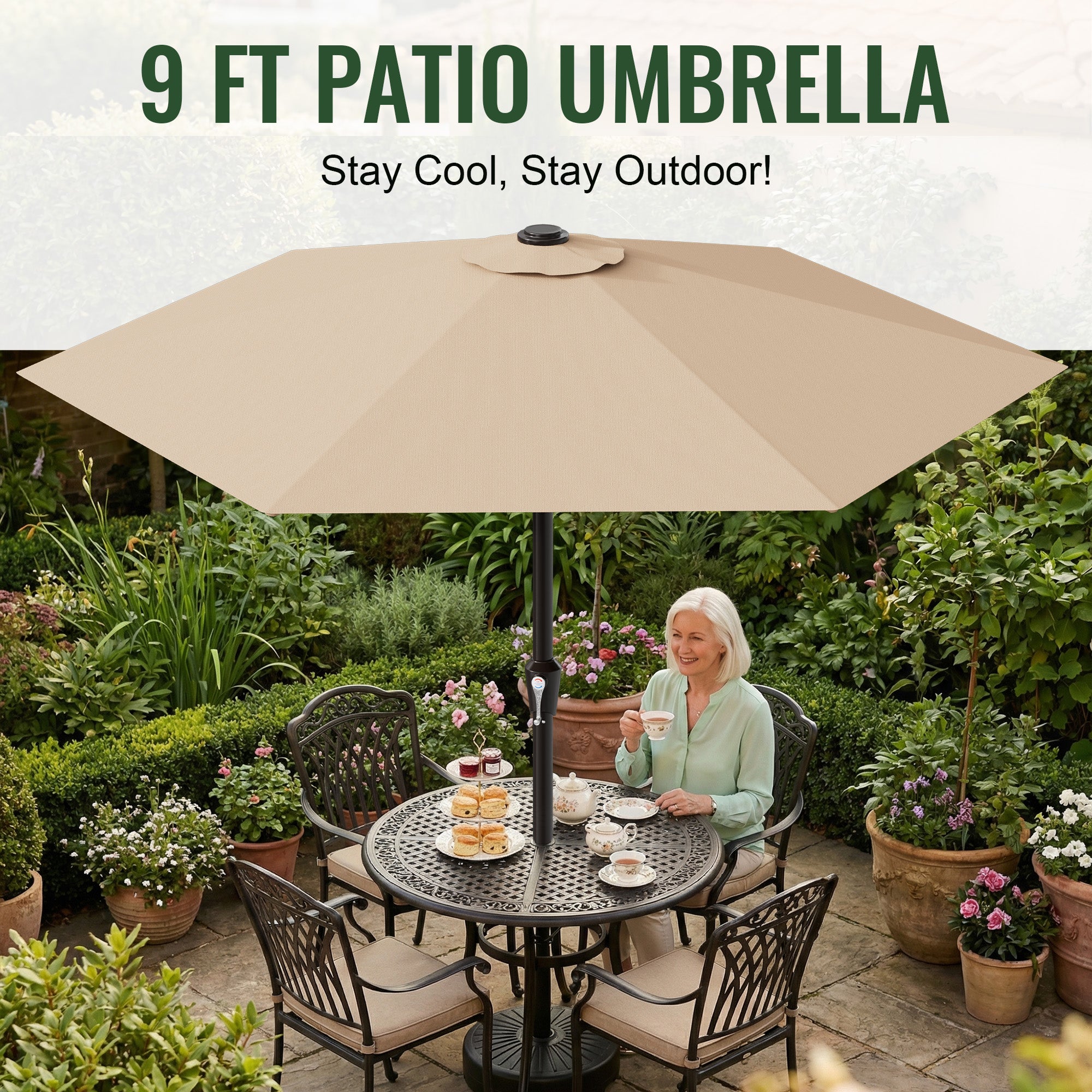 Easthome 9ft Patio Umbrella with Crank Lift System & 6 Sturdy Ribs Waterproof, Patio Table Umbrella Perfect for Poolside, Terrace, Beach and Outdoor Restaurant