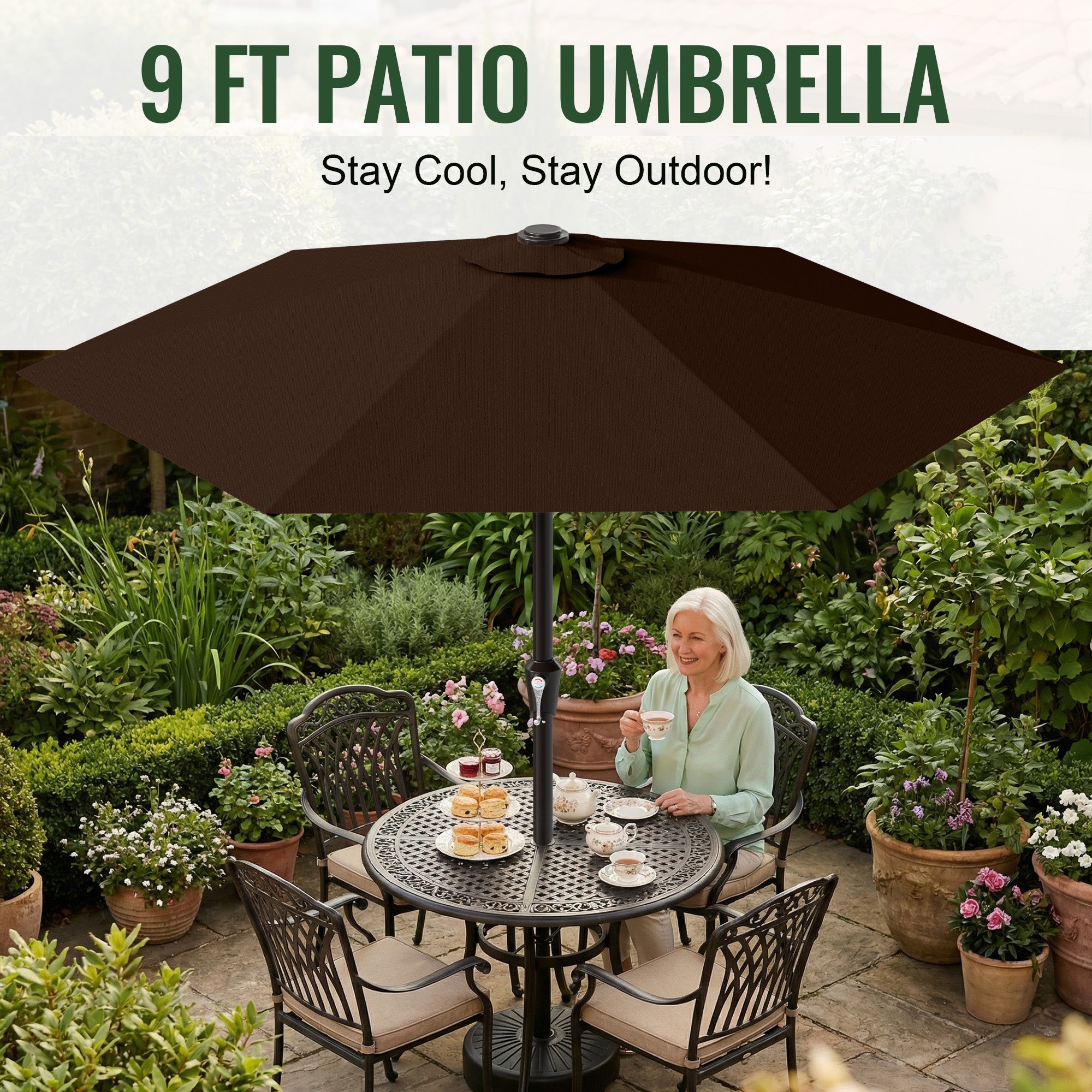 Easthome 9ft Patio Umbrella with Crank Lift System & 6 Sturdy Ribs Waterproof, Patio Table Umbrella Perfect for Poolside, Terrace, Beach and Outdoor Restaurant
