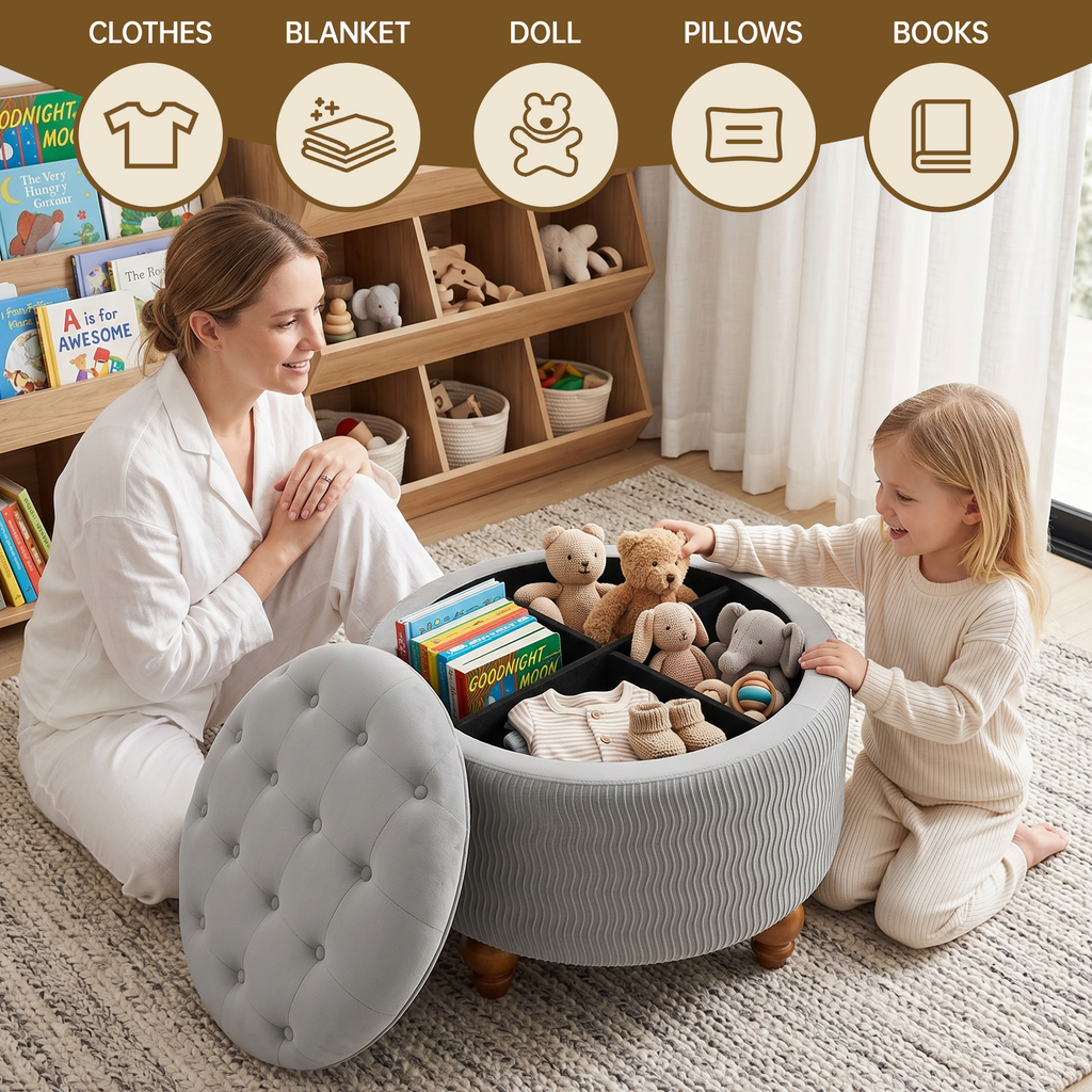 Easthome Round Storage Ottoman, Divided Compartment, Removable Top, Solid Wood Gourd-Shaped Legs, Button Tufted Multi-Function Footrest Bench for Living Room, Bedroom