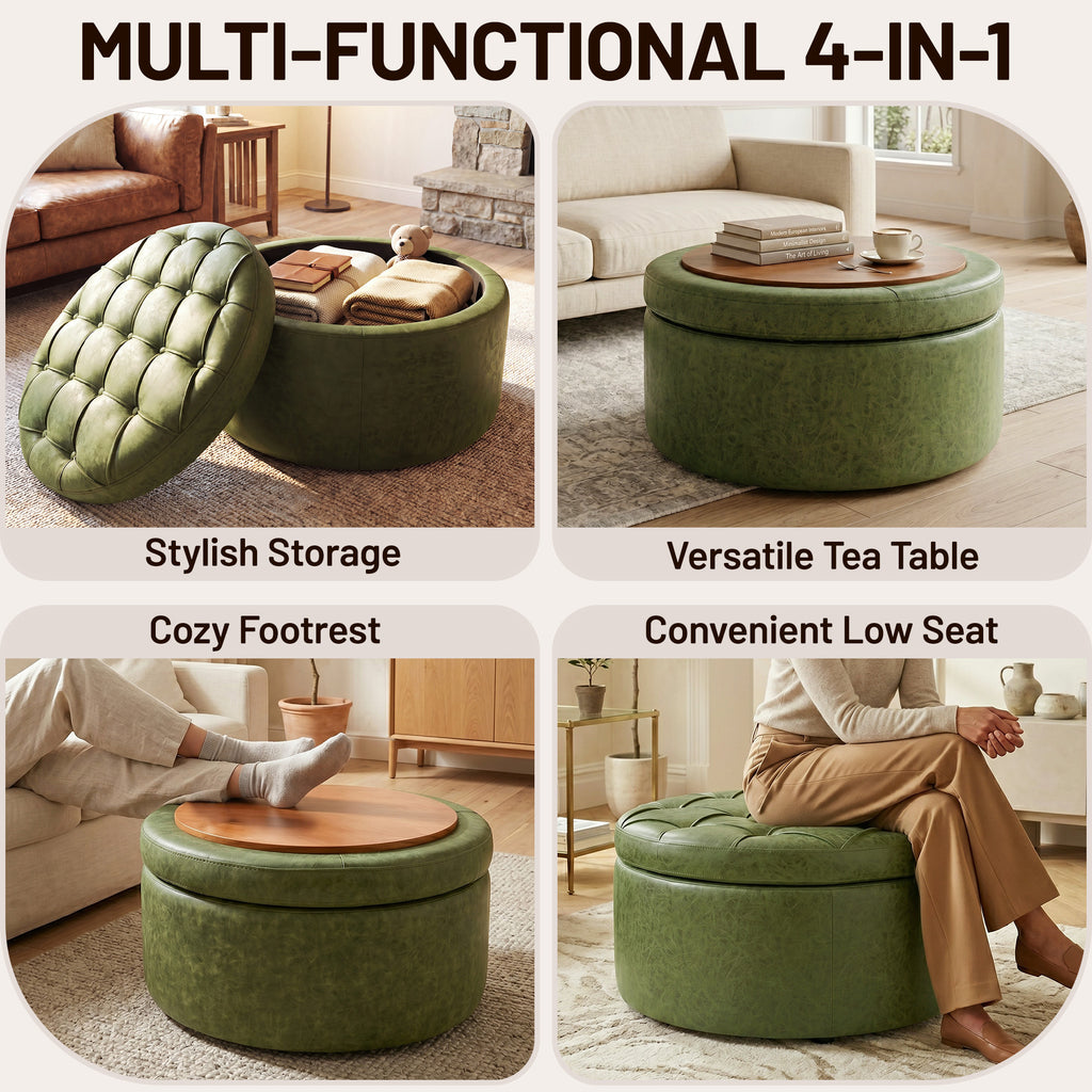 Easthome Multi-Function Round Storage Ottoman with Lockable Casters, Detachable Wood Tray Top, Button Tufted Foot Stool for Living Room Bedroom Study
