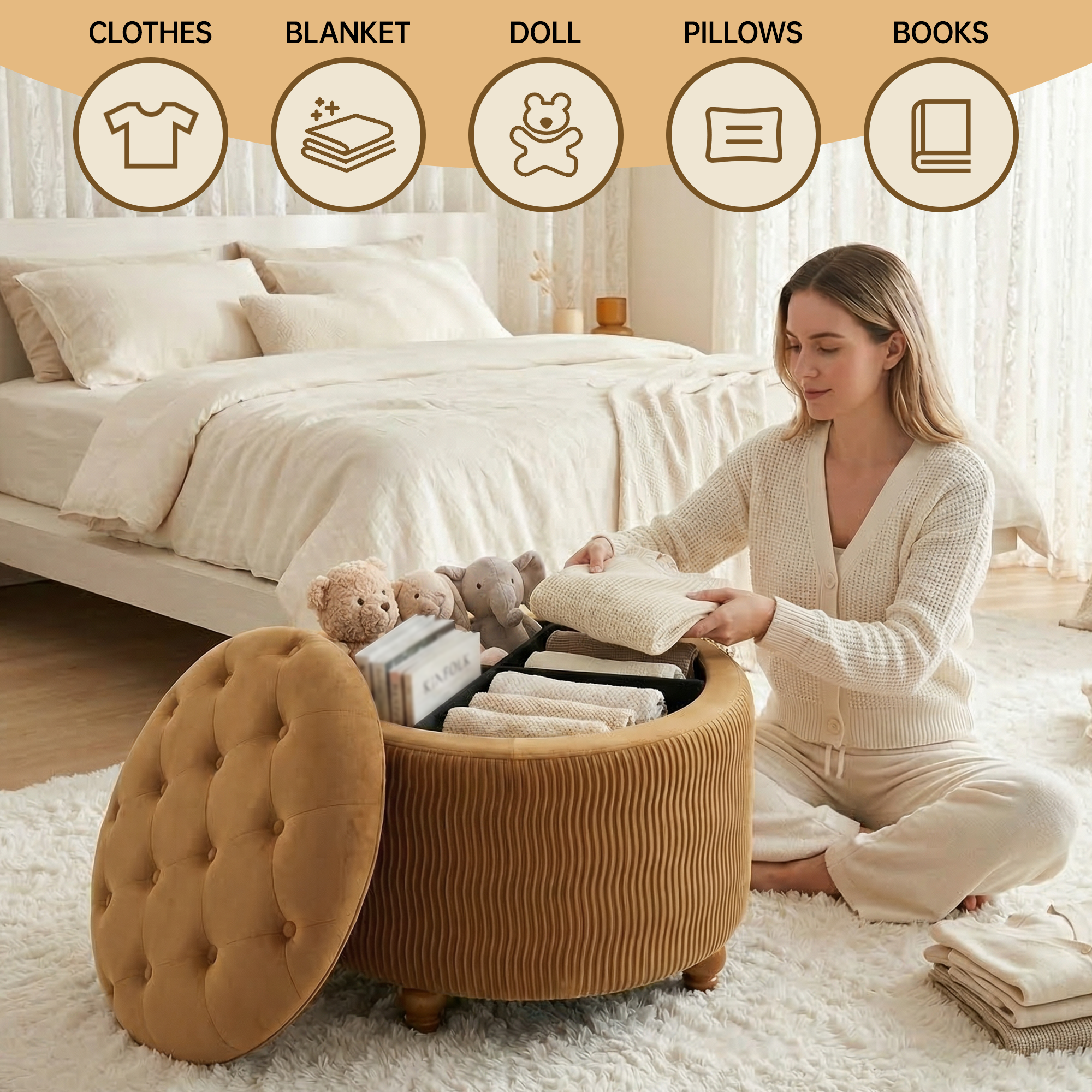 Easthome Round Storage Ottoman, Divided Compartment, Removable Top, Solid Wood Gourd-Shaped Legs, Button Tufted Multi-Function Footrest Bench for Living Room, Bedroom