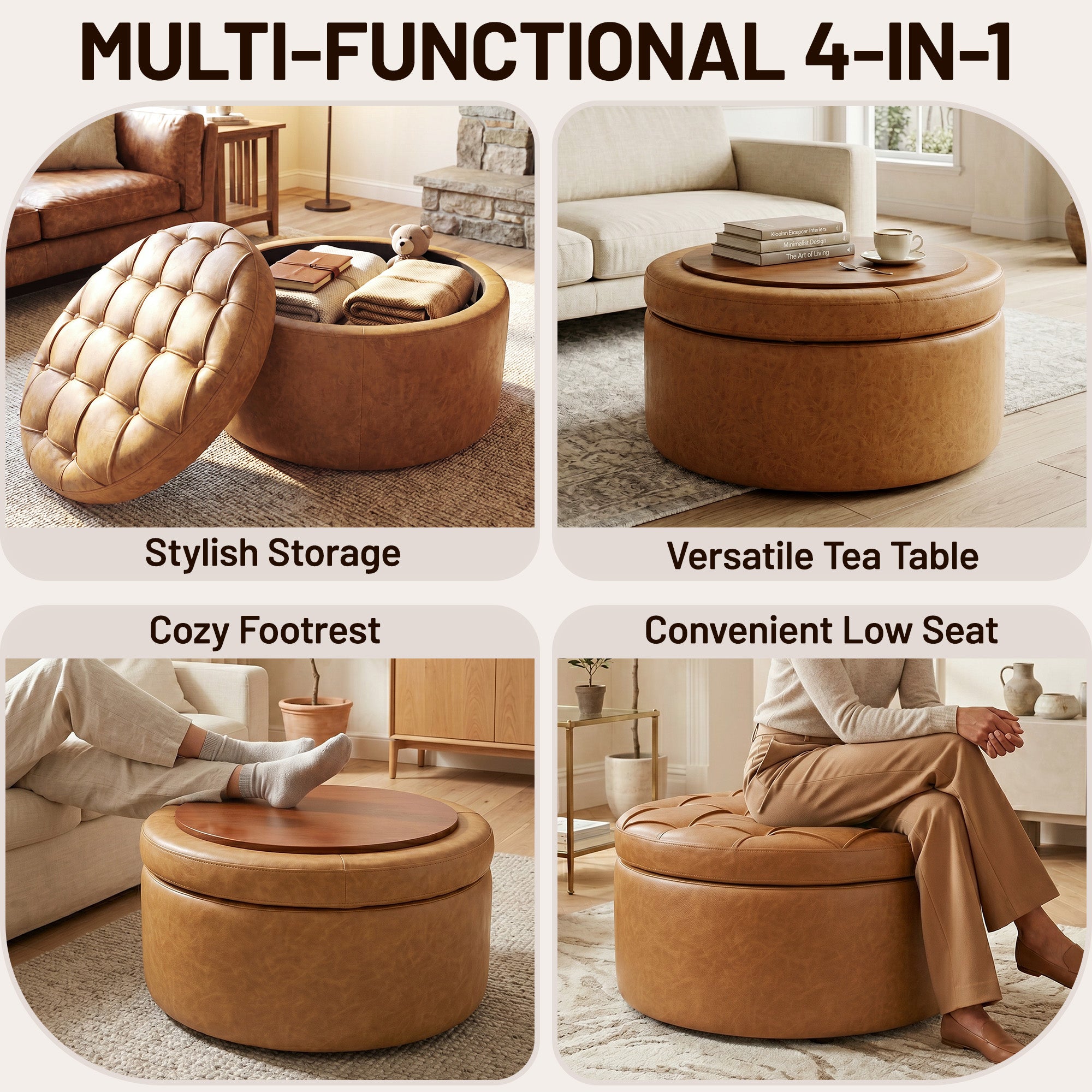 Easthome Multi-Function Round Storage Ottoman with Lockable Casters, Detachable Wood Tray Top, Button Tufted Foot Stool for Living Room Bedroom Study