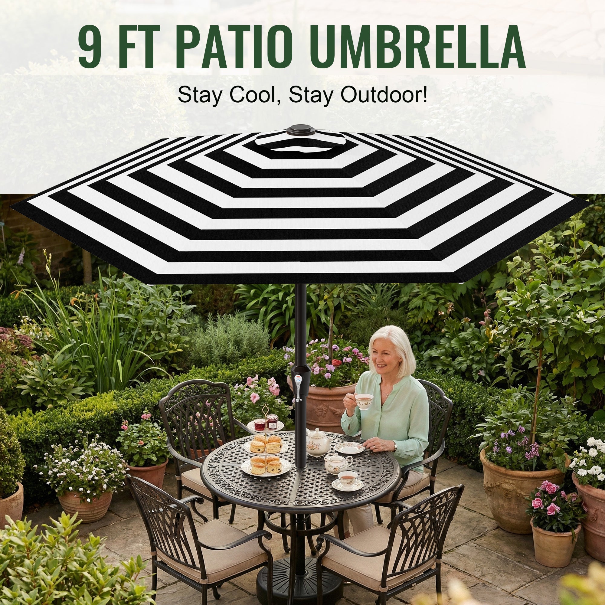 Easthome 9ft Patio Umbrella with Crank Lift System & 6 Sturdy Ribs Waterproof, Patio Table Umbrella Perfect for Poolside, Terrace, Beach and Outdoor Restaurant