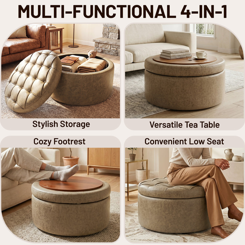 Easthome Multi-Function Round Storage Ottoman with Lockable Casters, Detachable Wood Tray Top, Button Tufted Foot Stool for Living Room Bedroom Study