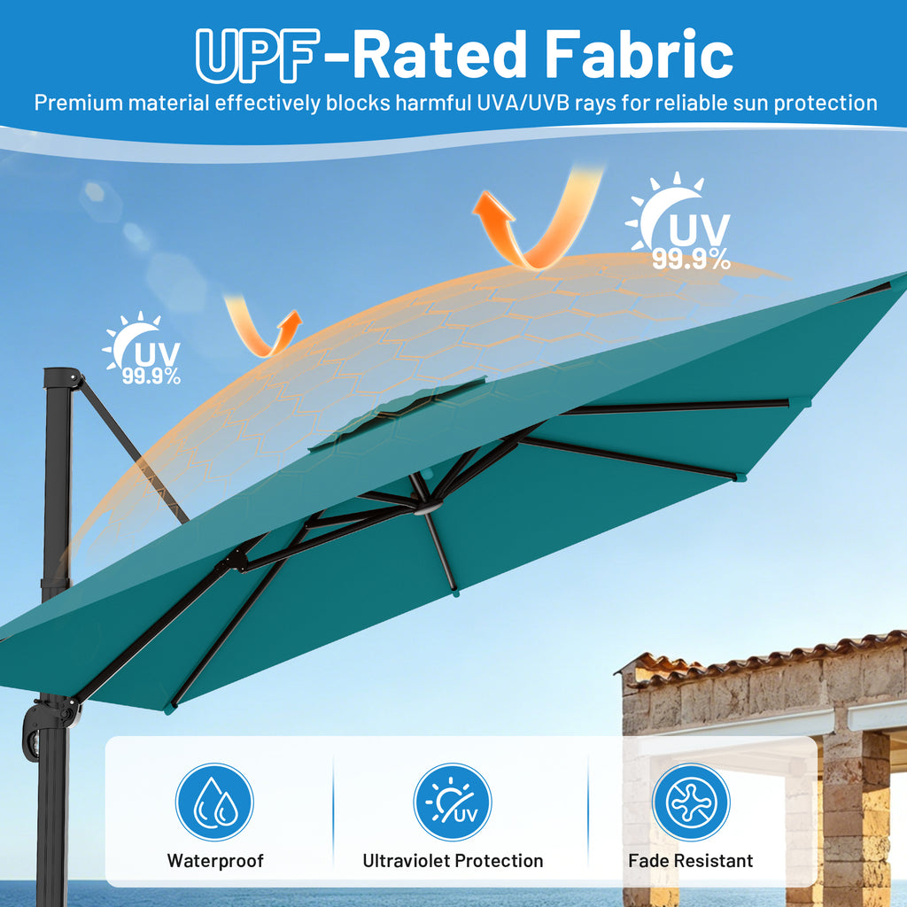 Easthome 10 × 10FT Square Cantilever Patio Umbrella, 360° Rotating Offset Umbrella with Crank, 8 ribs, Outdoor Hanging Roman Umbrella for Garden Deck Backyard
