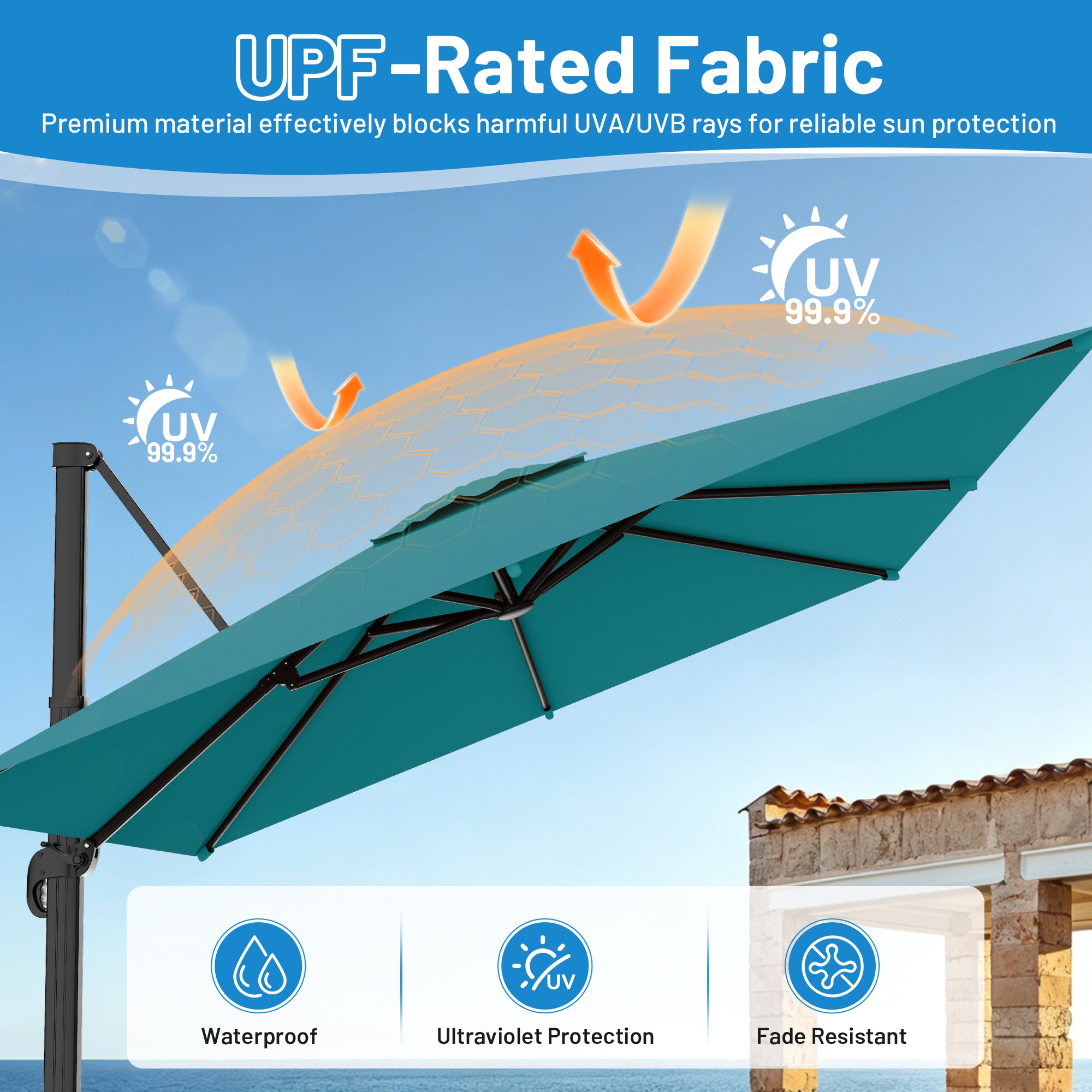 Easthome 10 × 10FT Square Cantilever Patio Umbrella, 360° Rotating Offset Umbrella with Crank, 8 ribs, Outdoor Hanging Roman Umbrella for Garden Deck Backyard