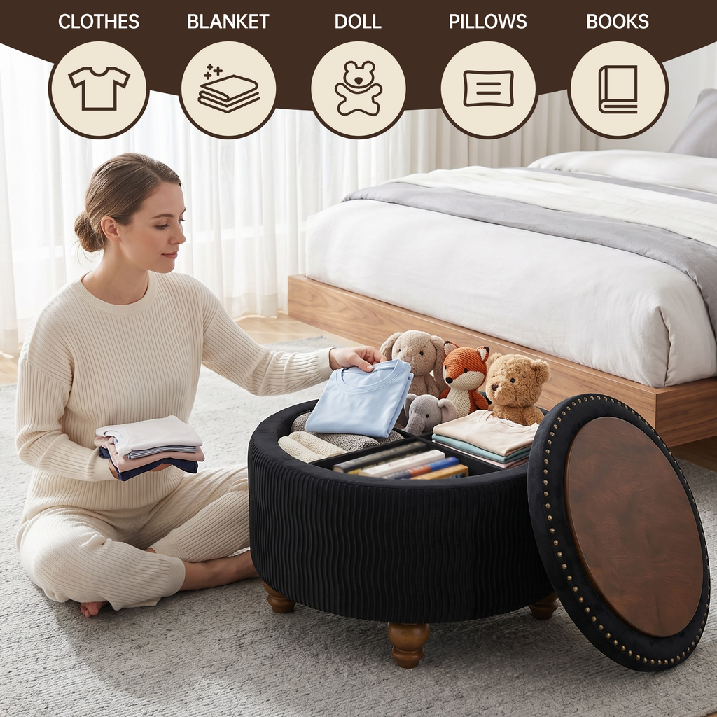 Easthome Round Storage Ottoman, Divided Compartment, Removable Top, Solid Wood Gourd-Shaped Legs, Button Tufted Multi-Function Footrest Bench for Living Room, Bedroom