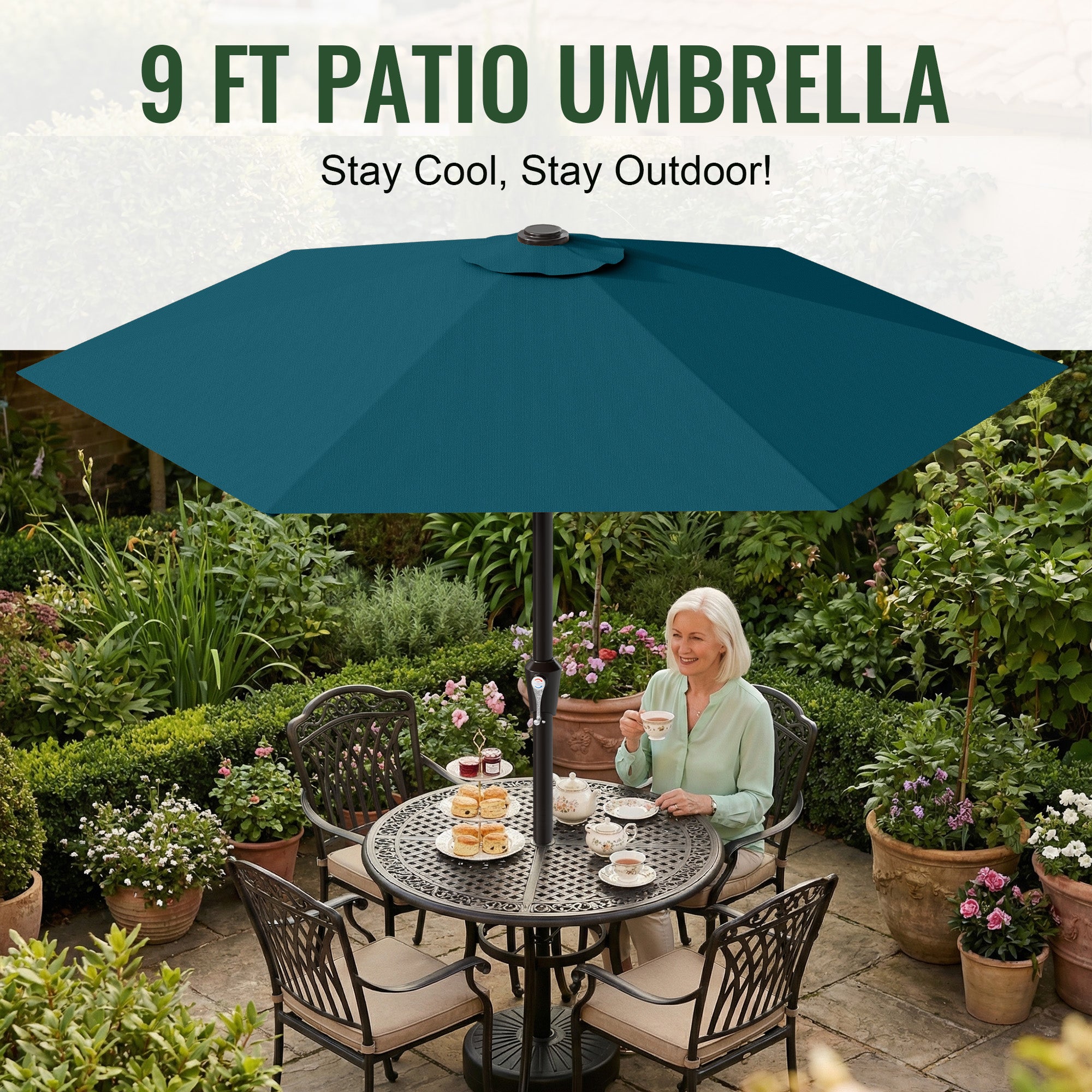 Easthome 9ft Patio Umbrella with Crank Lift System & 6 Sturdy Ribs Waterproof, Patio Table Umbrella Perfect for Poolside, Terrace, Beach and Outdoor Restaurant