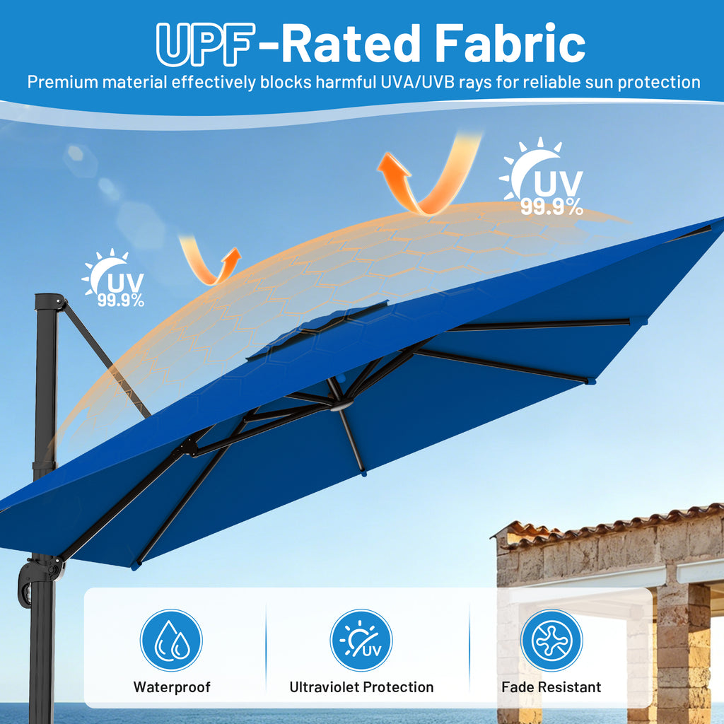 Easthome 10 × 10FT Square Cantilever Patio Umbrella, 360° Rotating Offset Umbrella with Crank, 8 ribs, Outdoor Hanging Roman Umbrella for Garden Deck Backyard