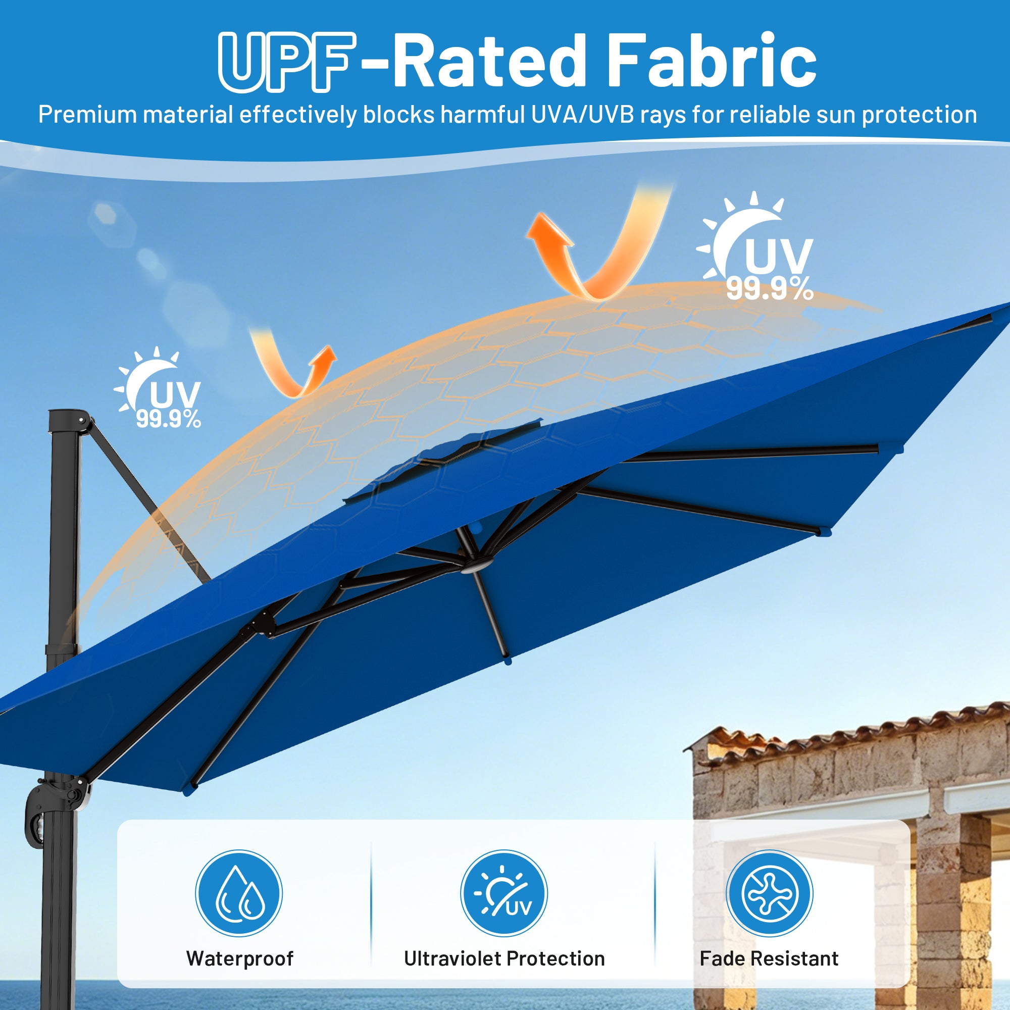 Easthome 10 × 10FT Square Cantilever Patio Umbrella, 360° Rotating Offset Umbrella with Crank, 8 ribs, Outdoor Hanging Roman Umbrella for Garden Deck Backyard