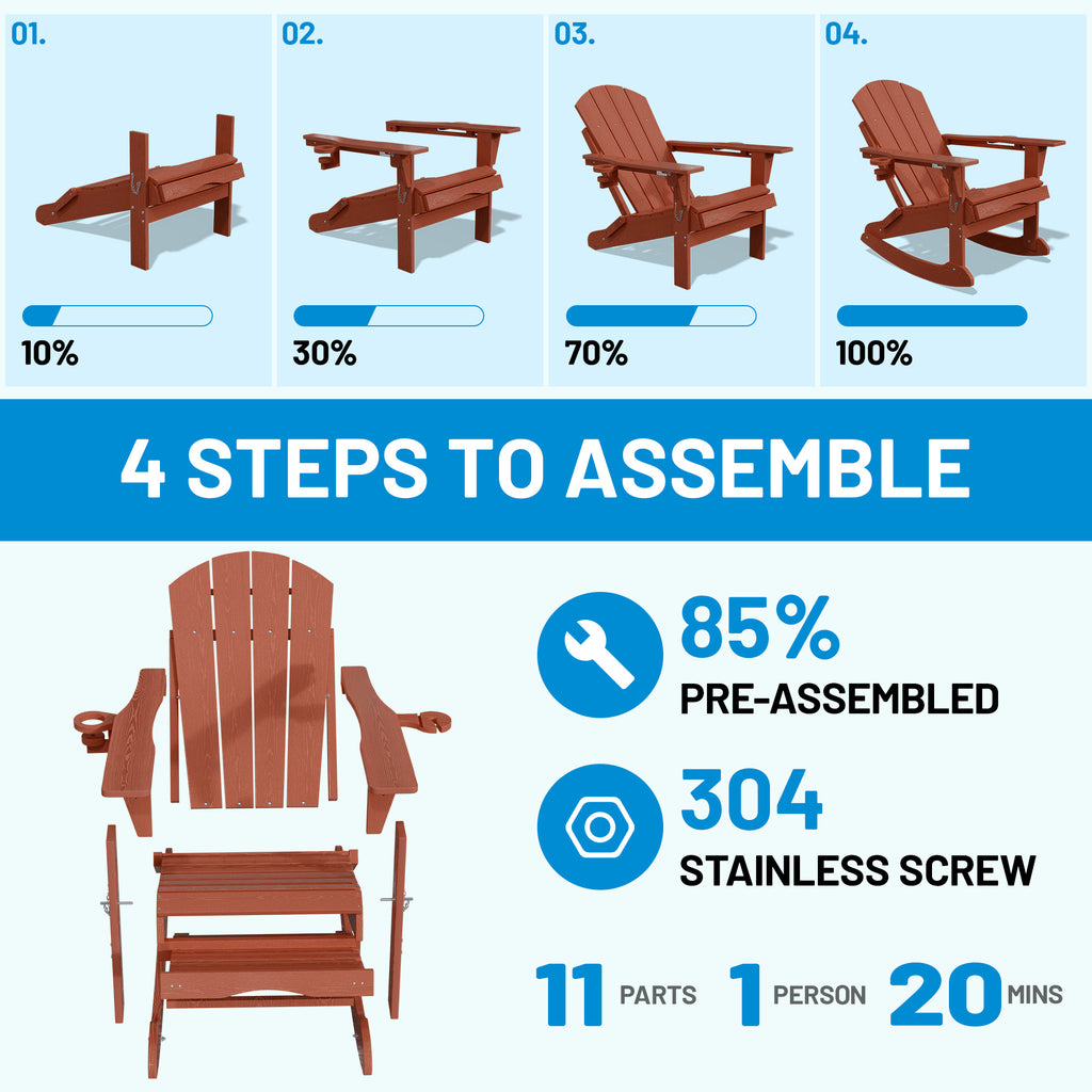 Easthome 4-in-1 Folding Adirondack Rocking Chair with Ottoman & Dual Cup Holders, Wood Texture HDPE All-Weather Outdoor Lounge Chair for Patio, Backyard, Pool