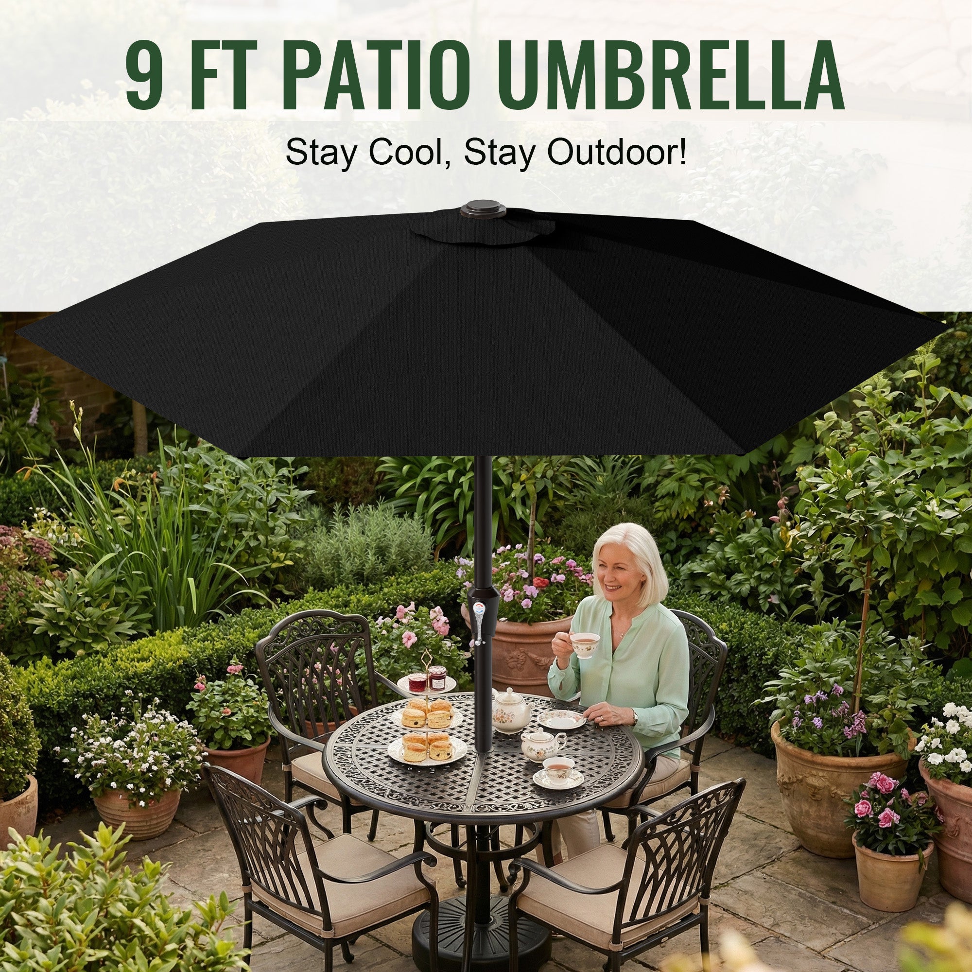 Easthome 9ft Patio Umbrella with Crank Lift System & 6 Sturdy Ribs Waterproof, Patio Table Umbrella Perfect for Poolside, Terrace, Beach and Outdoor Restaurant