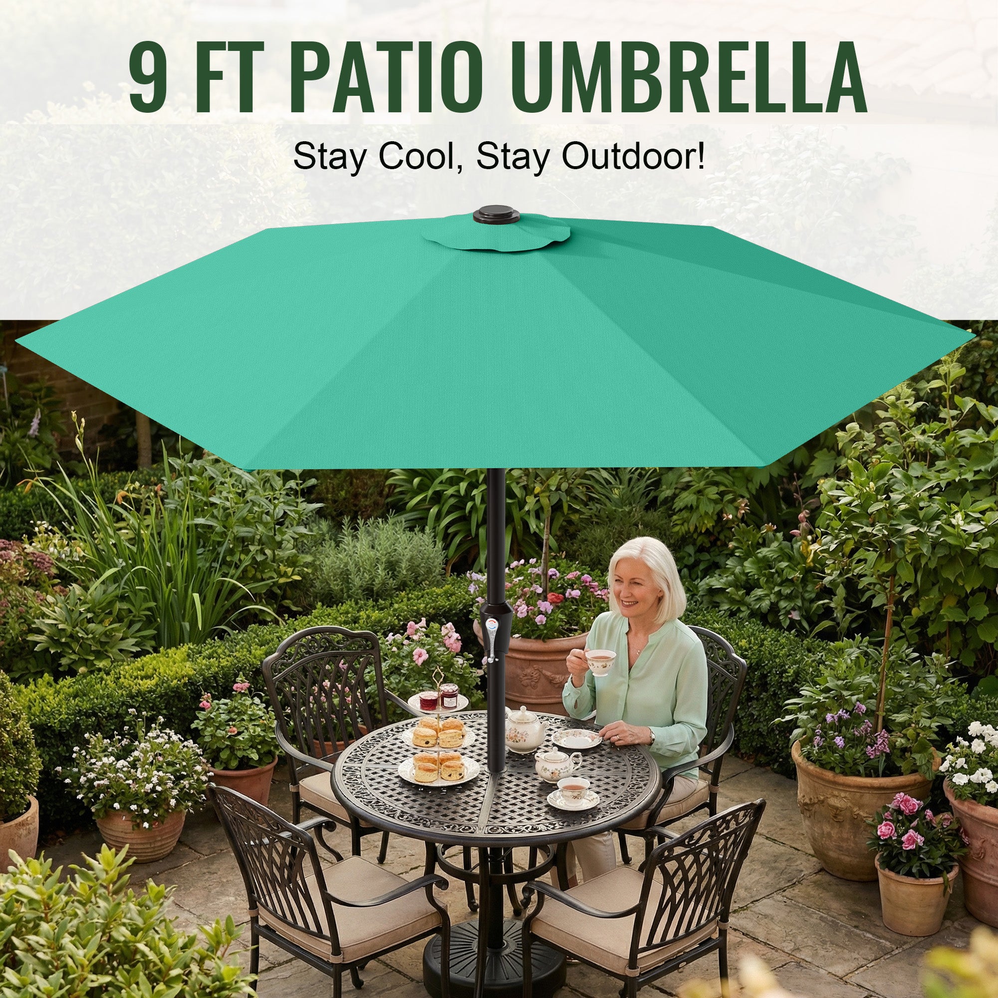 Easthome 9ft Patio Umbrella with Crank Lift System & 6 Sturdy Ribs Waterproof, Patio Table Umbrella Perfect for Poolside, Terrace, Beach and Outdoor Restaurant