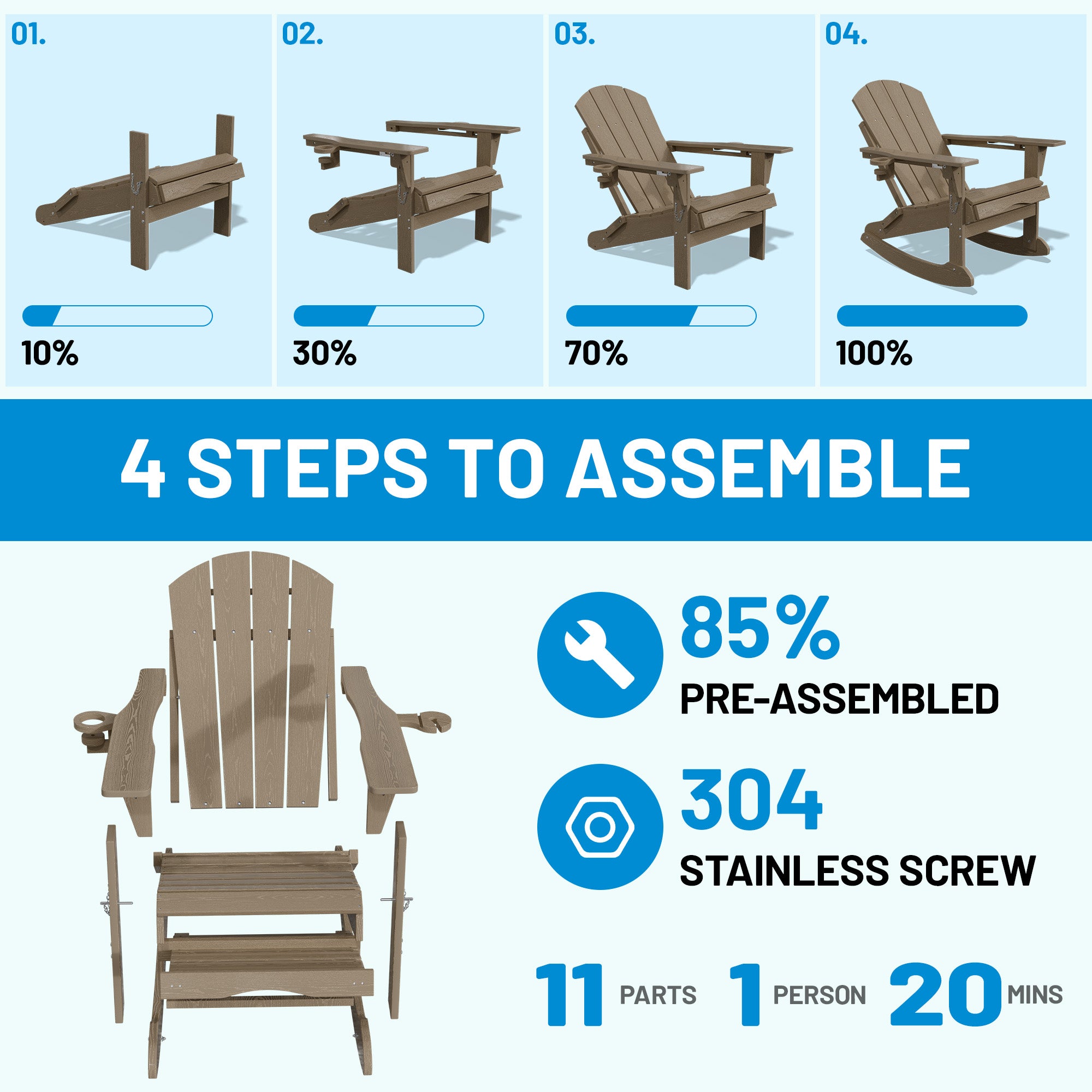 Easthome 4-in-1 Folding Adirondack Rocking Chair with Ottoman & Dual Cup Holders, Wood Texture HDPE All-Weather Outdoor Lounge Chair for Patio, Backyard, Pool