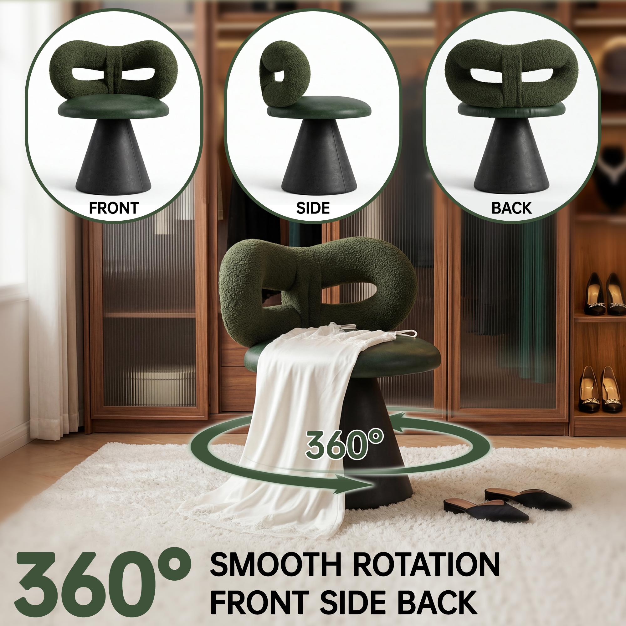 Easthome 360°Swivel Vanity Stool, Stain-Proof, Waterproof Round Bowtie Back Makeup Chair for Bedroom, Living Room, Vanity Room, Study