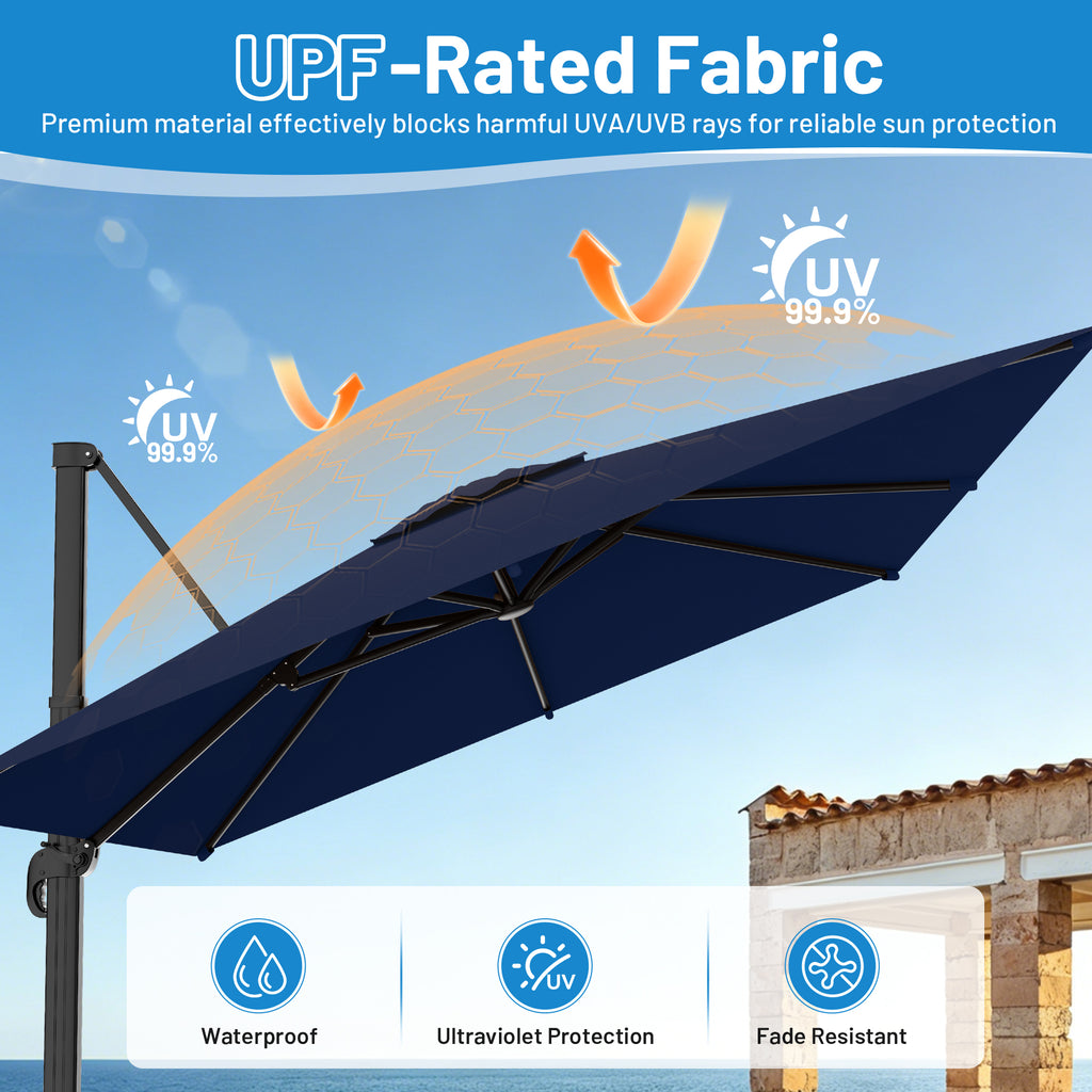 Easthome 10 × 10FT Square Cantilever Patio Umbrella, 360° Rotating Offset Umbrella with Crank, 8 ribs, Outdoor Hanging Roman Umbrella for Garden Deck Backyard