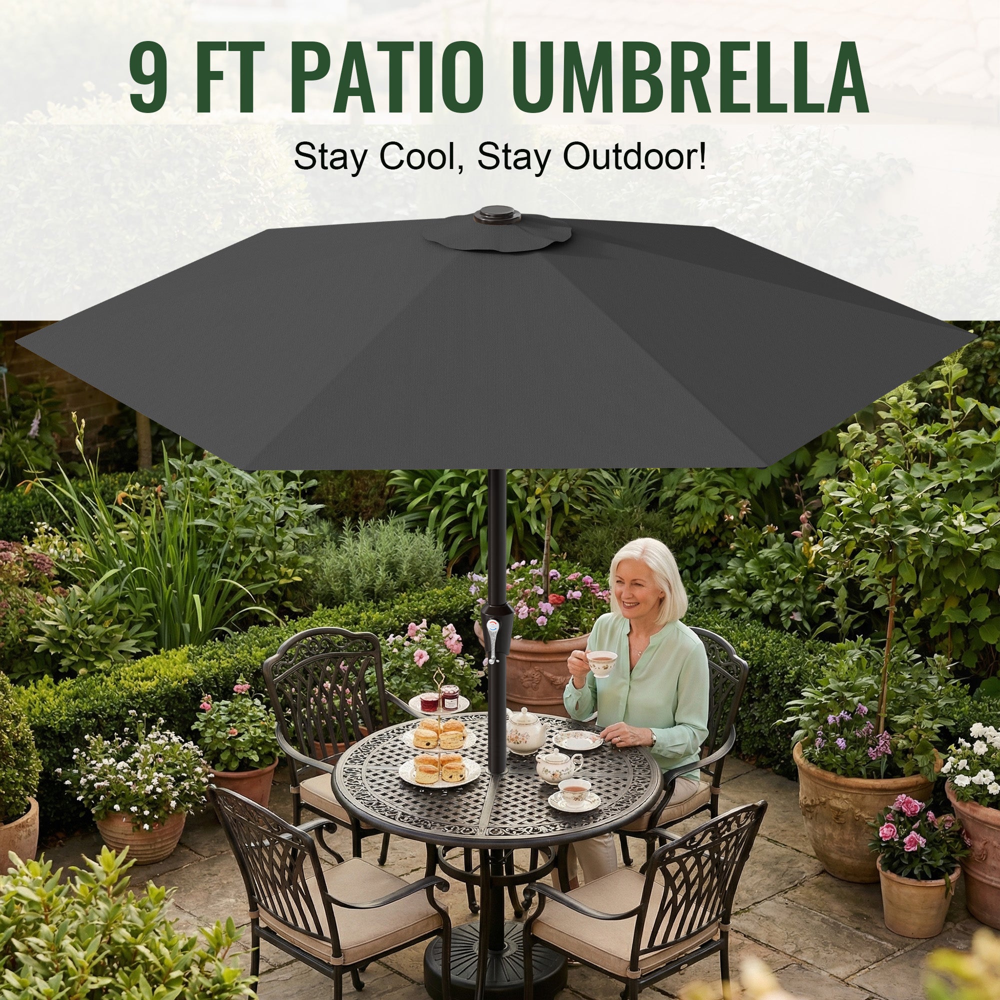 Easthome 9ft Patio Umbrella with Crank Lift System & 6 Sturdy Ribs Waterproof, Patio Table Umbrella Perfect for Poolside, Terrace, Beach and Outdoor Restaurant
