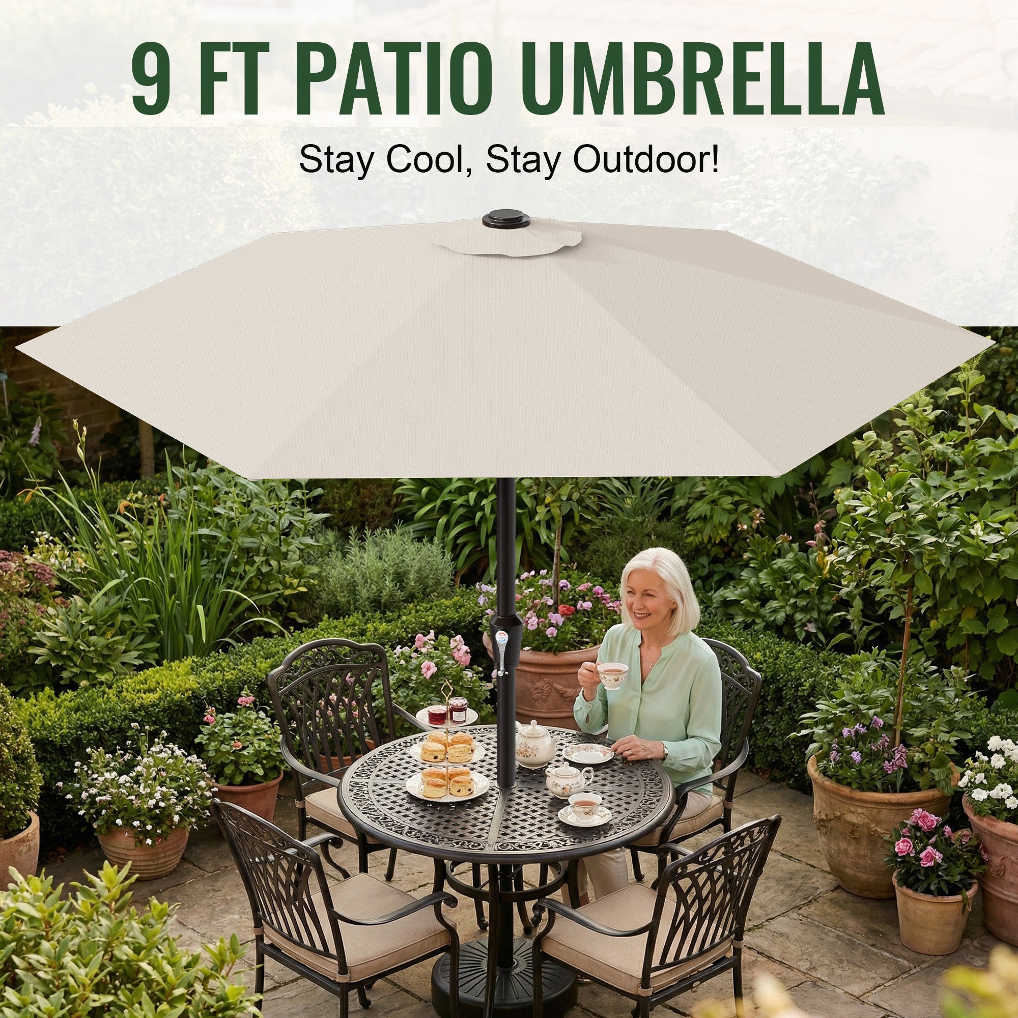 Easthome 9ft Patio Umbrella with Crank Lift System & 6 Sturdy Ribs Waterproof, Patio Table Umbrella Perfect for Poolside, Terrace, Beach and Outdoor Restaurant