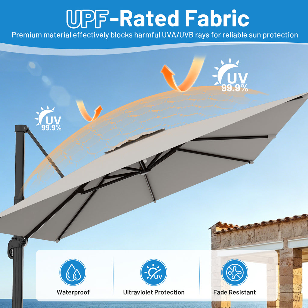 Easthome 10 × 10FT Square Cantilever Patio Umbrella, 360° Rotating Offset Umbrella with Crank, 8 ribs, Outdoor Hanging Roman Umbrella for Garden Deck Backyard