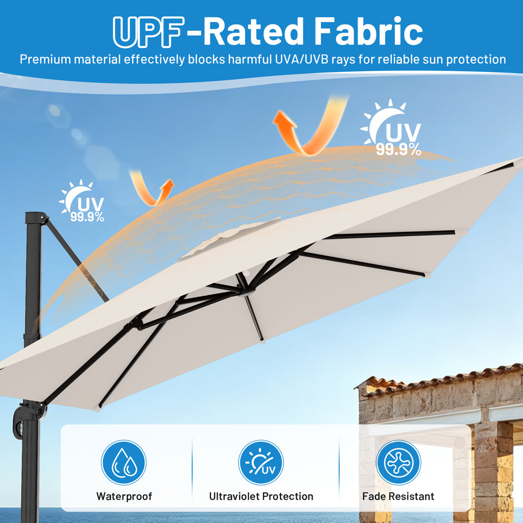 Easthome 10 × 10FT Square Cantilever Patio Umbrella, 360° Rotating Offset Umbrella with Crank, 8 ribs, Outdoor Hanging Roman Umbrella for Garden Deck Backyard