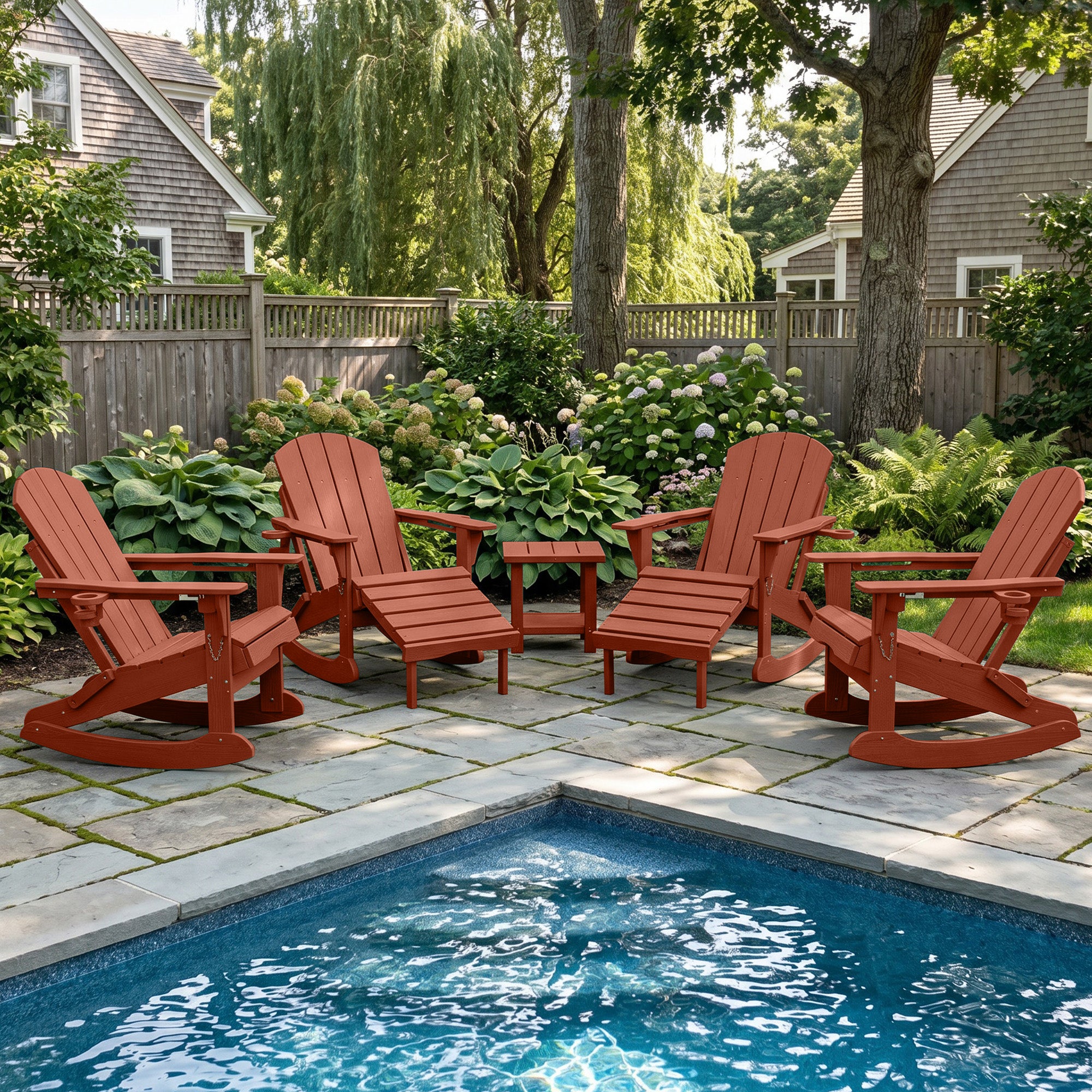 Easthome 4-in-1 Folding Adirondack Rocking Chair with Ottoman & Dual Cup Holders, Wood Texture HDPE All-Weather Outdoor Lounge Chair for Patio, Backyard, Pool