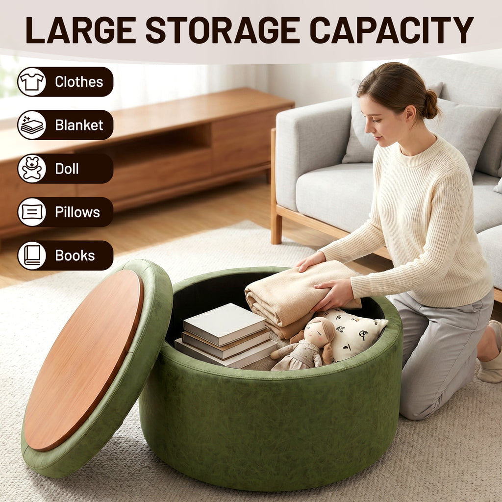 Easthome Multi-Function Round Storage Ottoman with Lockable Casters, Detachable Wood Tray Top, Button Tufted Foot Stool for Living Room Bedroom Study