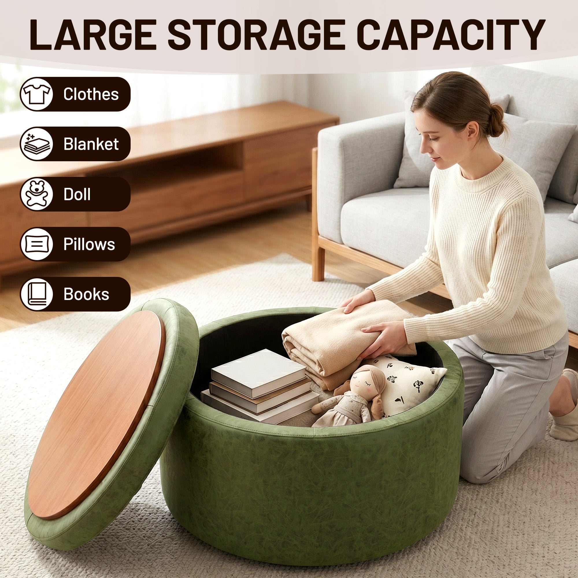 Easthome Multi-Function Round Storage Ottoman with Lockable Casters, Detachable Wood Tray Top, Button Tufted Foot Stool for Living Room Bedroom Study