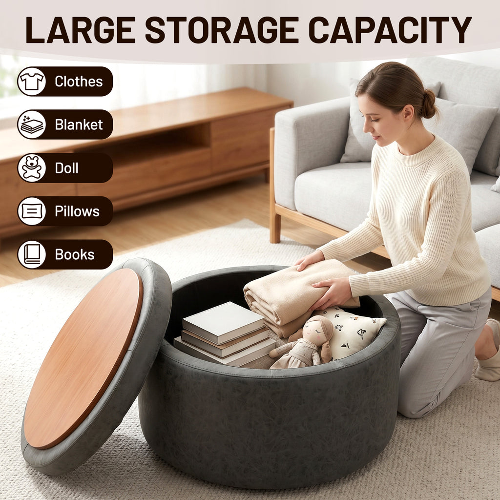 Easthome Multi-Function Round Storage Ottoman with Lockable Casters, Detachable Wood Tray Top, Button Tufted Foot Stool for Living Room Bedroom Study