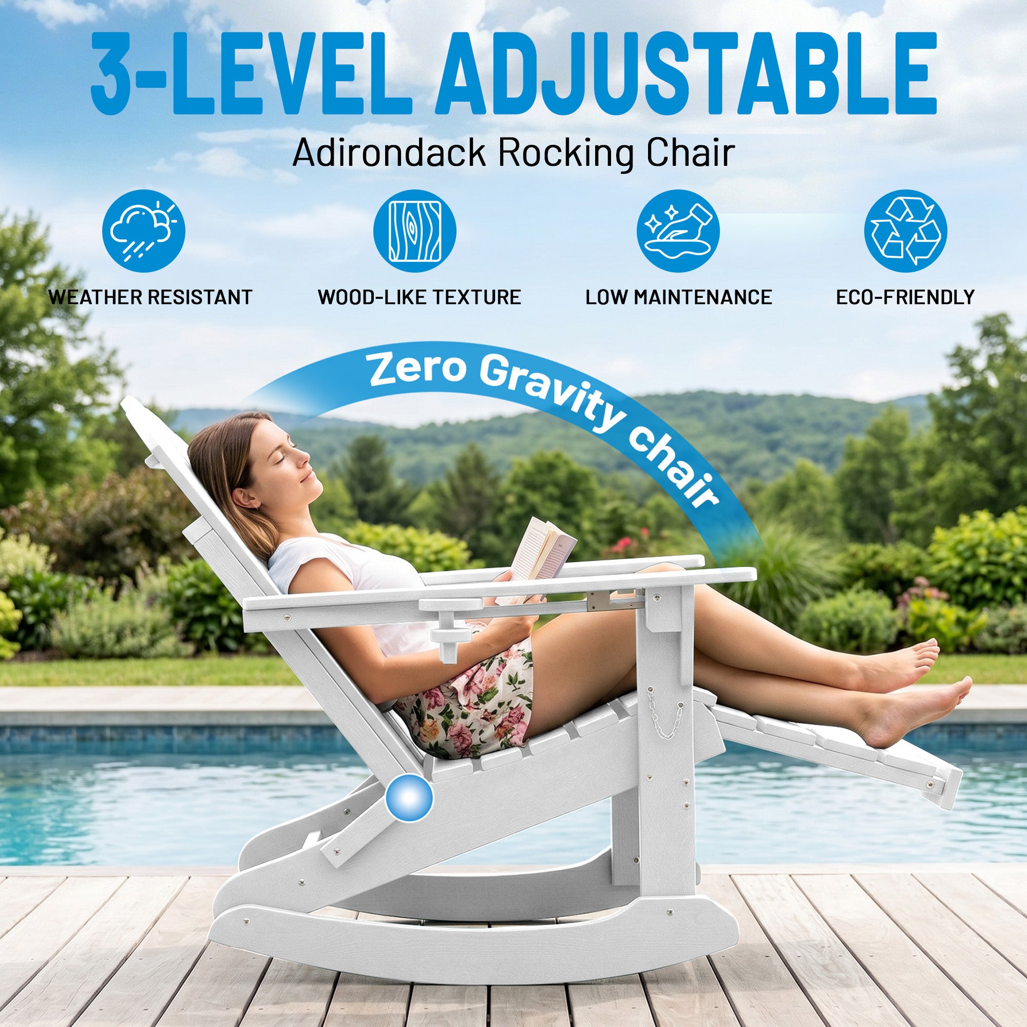 Easthome 4-in-1 Folding Adirondack Rocking Chair with Ottoman & Dual Cup Holders, Wood Texture HDPE All-Weather Outdoor Lounge Chair for Patio, Backyard, Pool