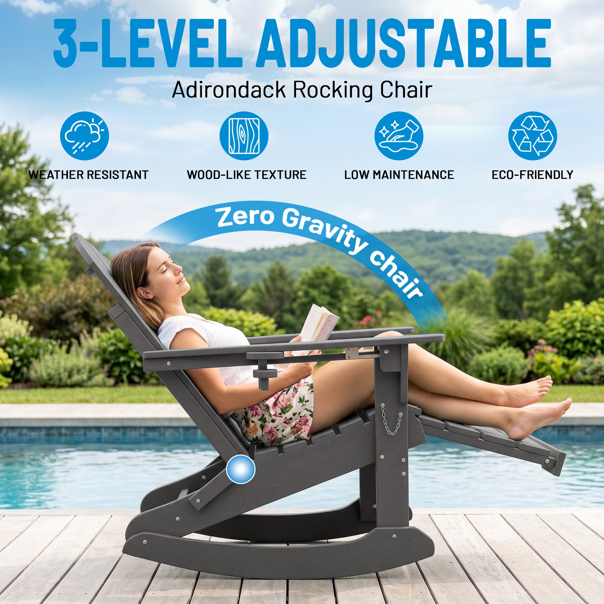 Easthome 4-in-1 Folding Adirondack Rocking Chair with Ottoman & Dual Cup Holders, Wood Texture HDPE All-Weather Outdoor Lounge Chair for Patio, Backyard, Pool