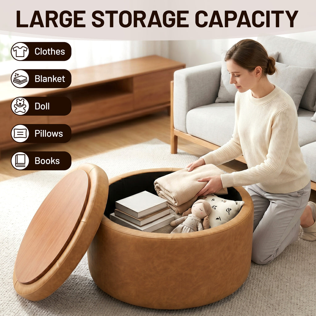 Easthome Multi-Function Round Storage Ottoman with Lockable Casters, Detachable Wood Tray Top, Button Tufted Foot Stool for Living Room Bedroom Study