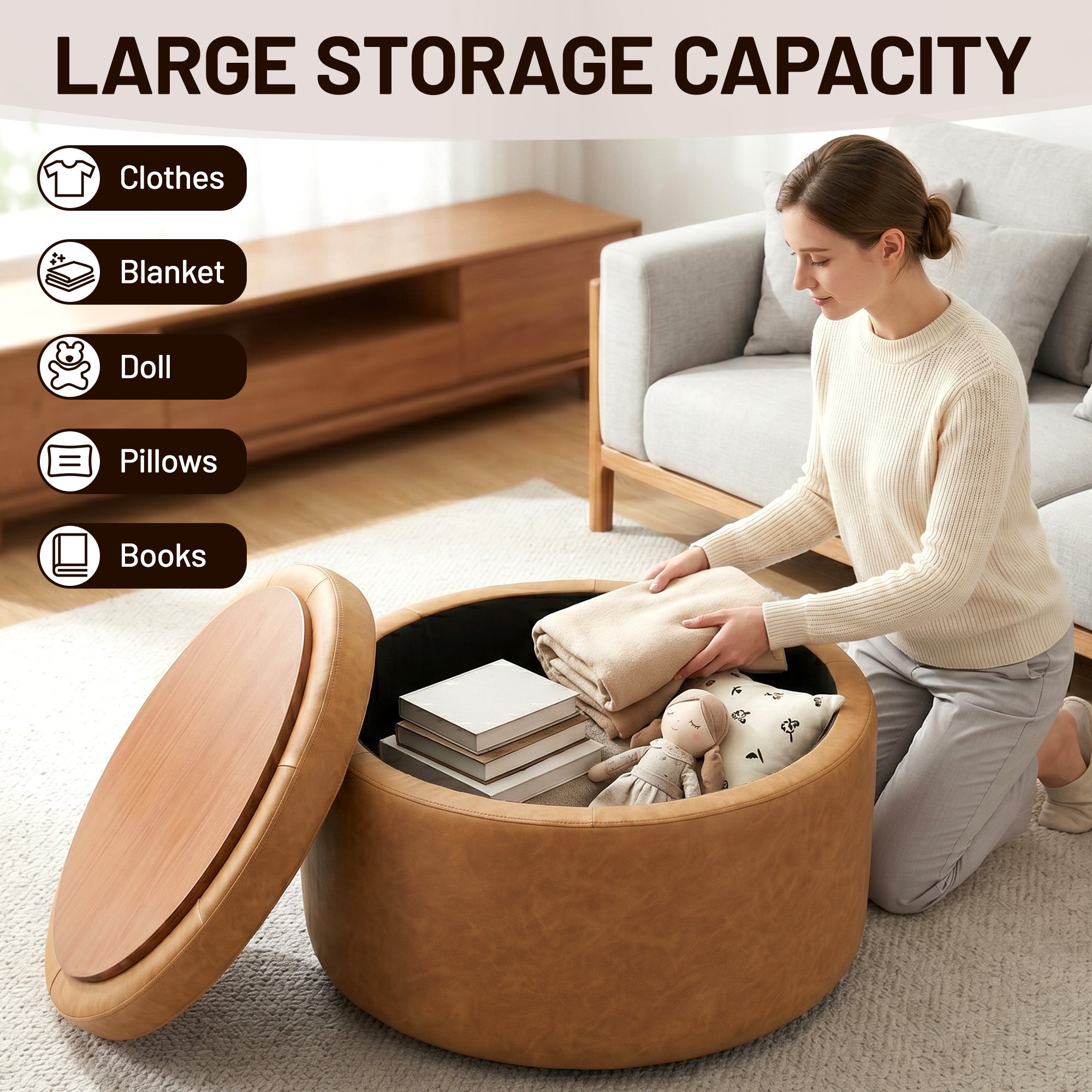 Easthome Multi-Function Round Storage Ottoman with Lockable Casters, Detachable Wood Tray Top, Button Tufted Foot Stool for Living Room Bedroom Study