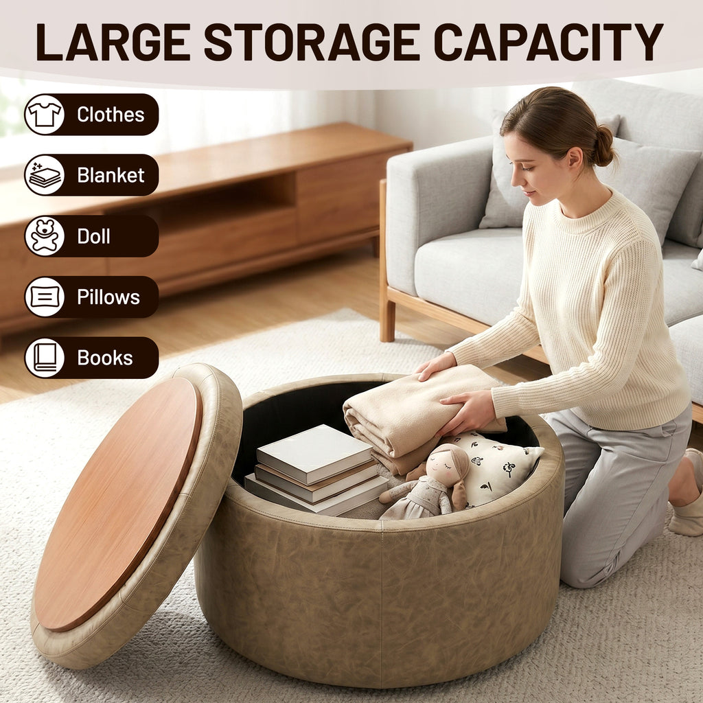 Easthome Multi-Function Round Storage Ottoman with Lockable Casters, Detachable Wood Tray Top, Button Tufted Foot Stool for Living Room Bedroom Study