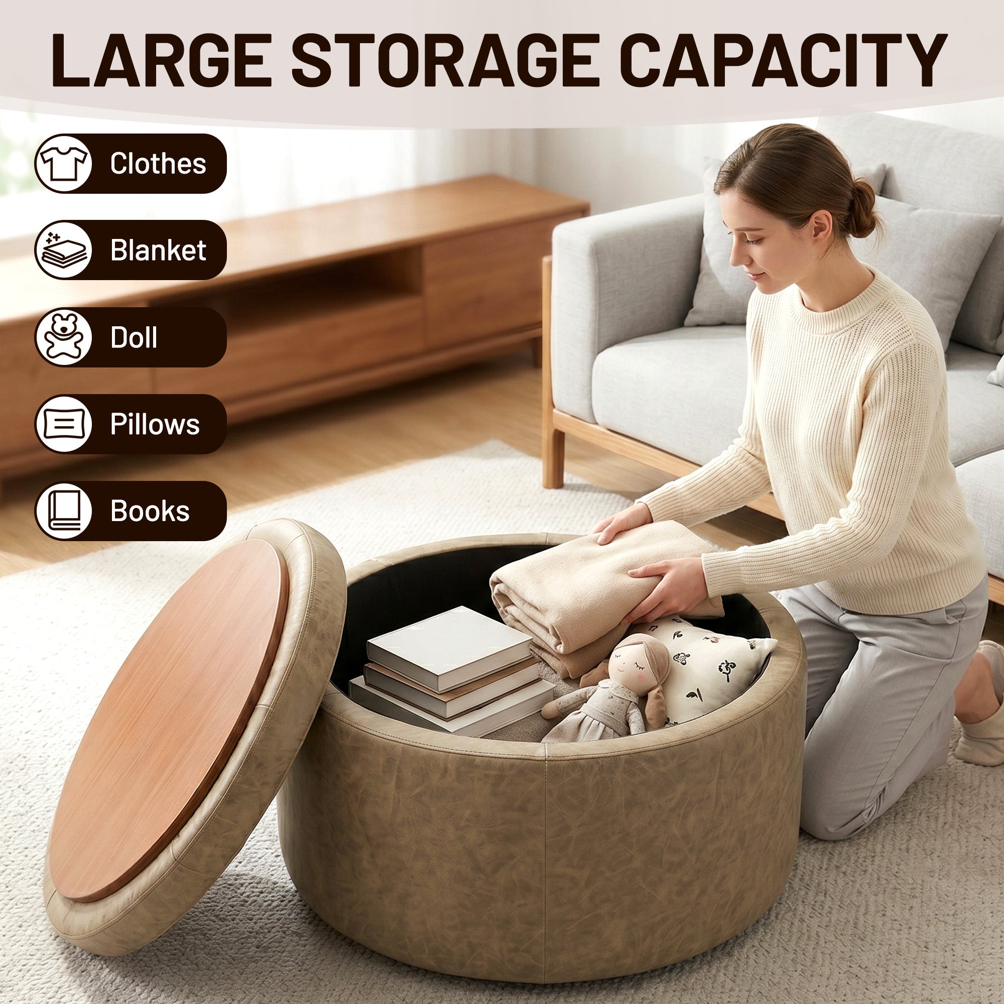 Easthome Multi-Function Round Storage Ottoman with Lockable Casters, Detachable Wood Tray Top, Button Tufted Foot Stool for Living Room Bedroom Study