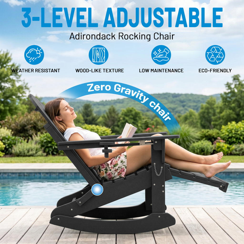 Easthome 4-in-1 Folding Adirondack Rocking Chair with Ottoman & Dual Cup Holders, Wood Texture HDPE All-Weather Outdoor Lounge Chair for Patio, Backyard, Pool