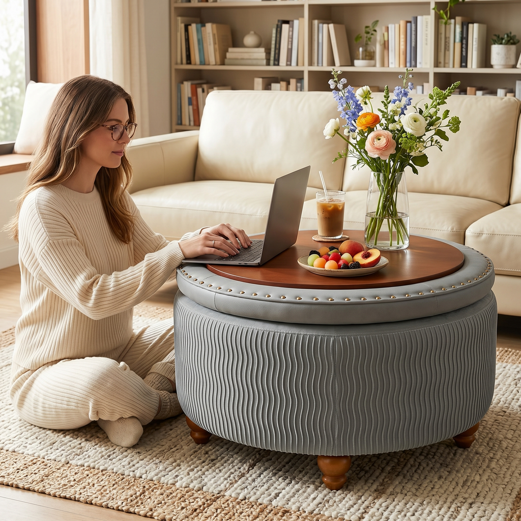 Easthome Round Storage Ottoman, Divided Compartment, Removable Top, Solid Wood Gourd-Shaped Legs, Button Tufted Multi-Function Footrest Bench for Living Room, Bedroom
