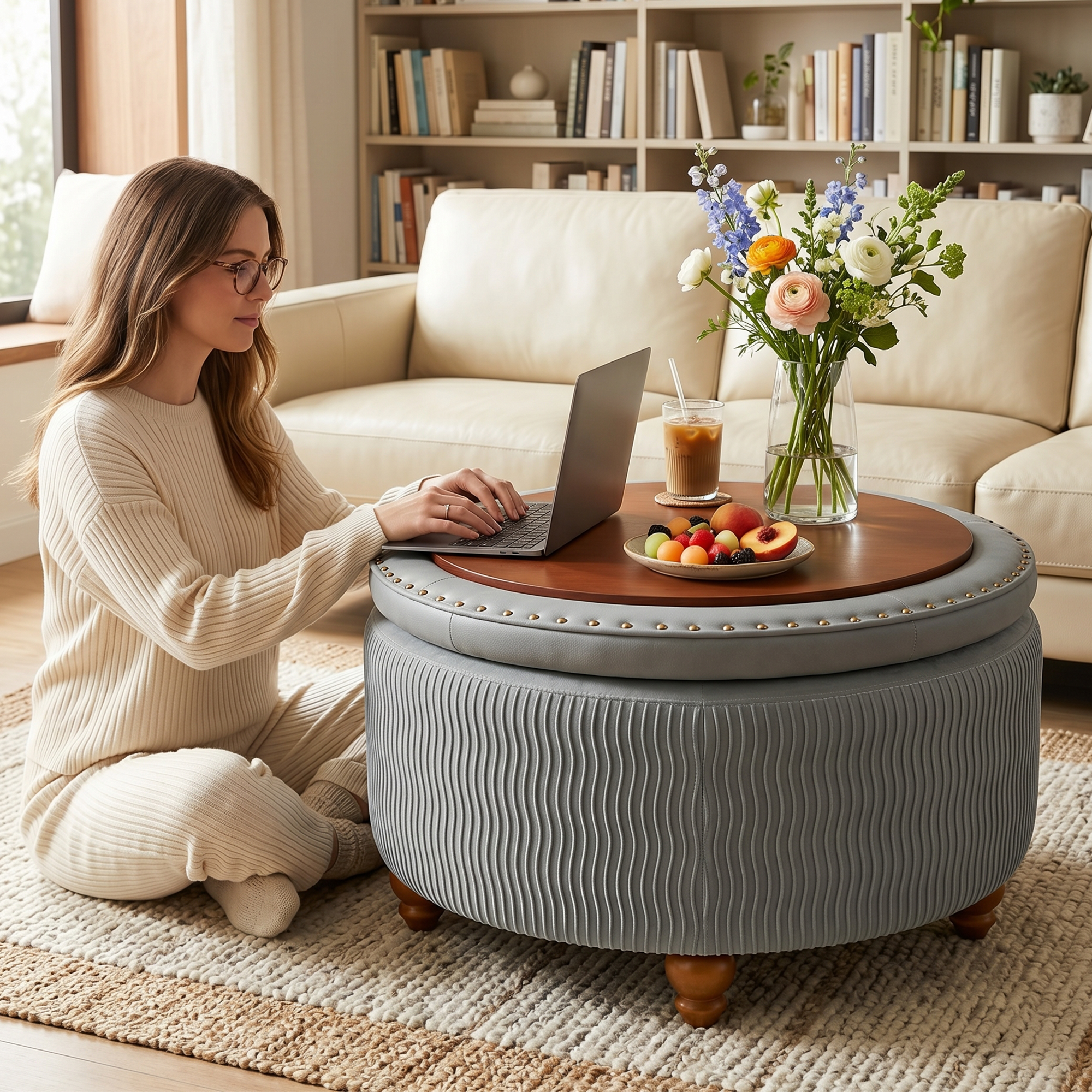 Easthome Round Storage Ottoman, Divided Compartment, Removable Top, Solid Wood Gourd-Shaped Legs, Button Tufted Multi-Function Footrest Bench for Living Room, Bedroom