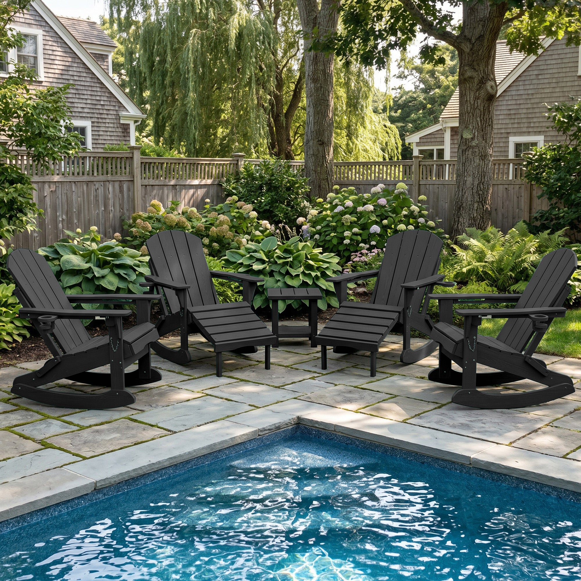 Easthome 4-in-1 Folding Adirondack Rocking Chair with Ottoman & Dual Cup Holders, Wood Texture HDPE All-Weather Outdoor Lounge Chair for Patio, Backyard, Pool