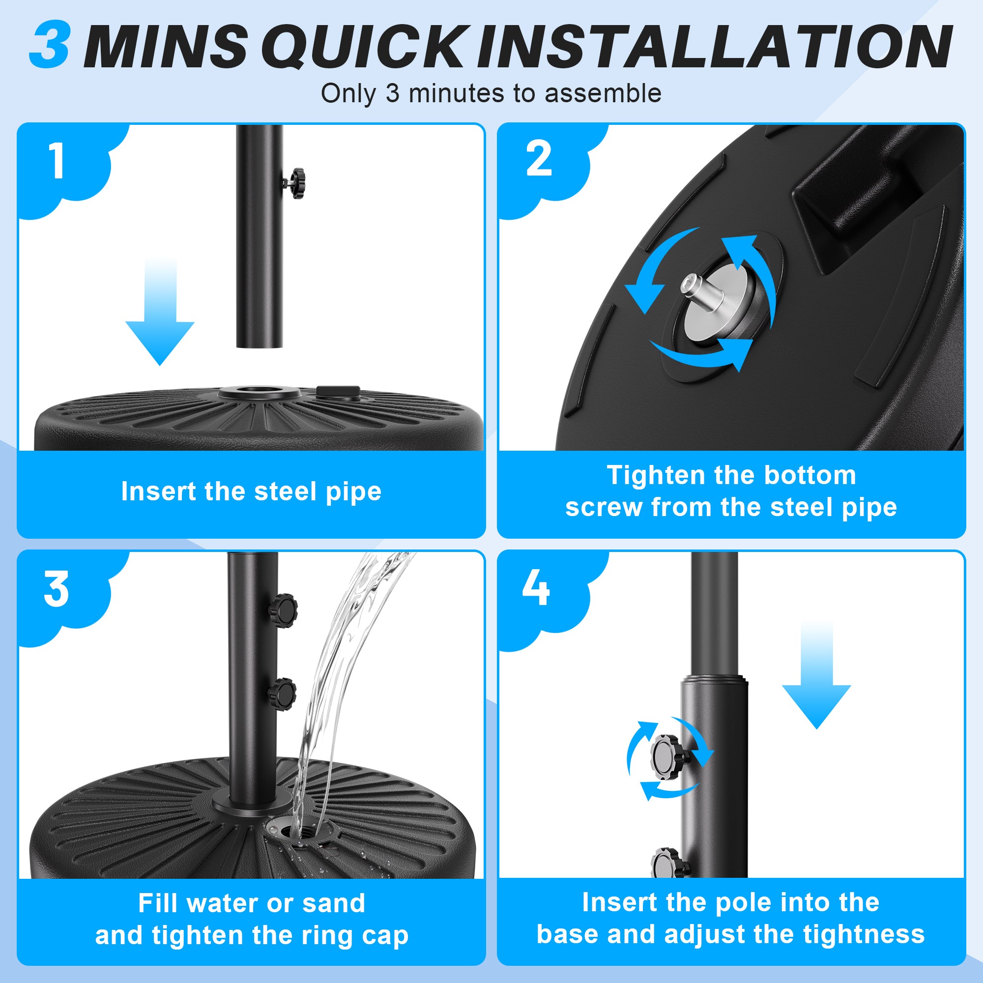 Easthome Heavy Duty Fillable Patio Umbrella Base with Dual-Lock System, Holds up to 81.5 lbs for 7-12FT Market Umbrella, Sand/Water Weighted Stand for Outdoor, Fits 1.5" & 1.9" Pole