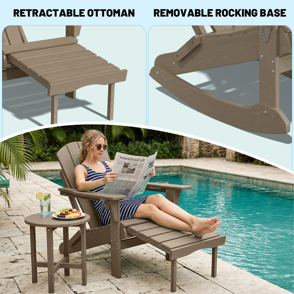 Easthome 4-in-1 Folding Adirondack Rocking Chair with Ottoman & Dual Cup Holders, Wood Texture HDPE All-Weather Outdoor Lounge Chair for Patio, Backyard, Pool