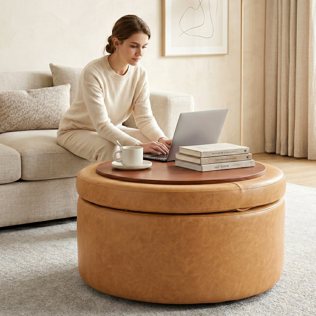 Easthome Multi-Function Round Storage Ottoman with Lockable Casters, Detachable Wood Tray Top, Button Tufted Foot Stool for Living Room Bedroom Study