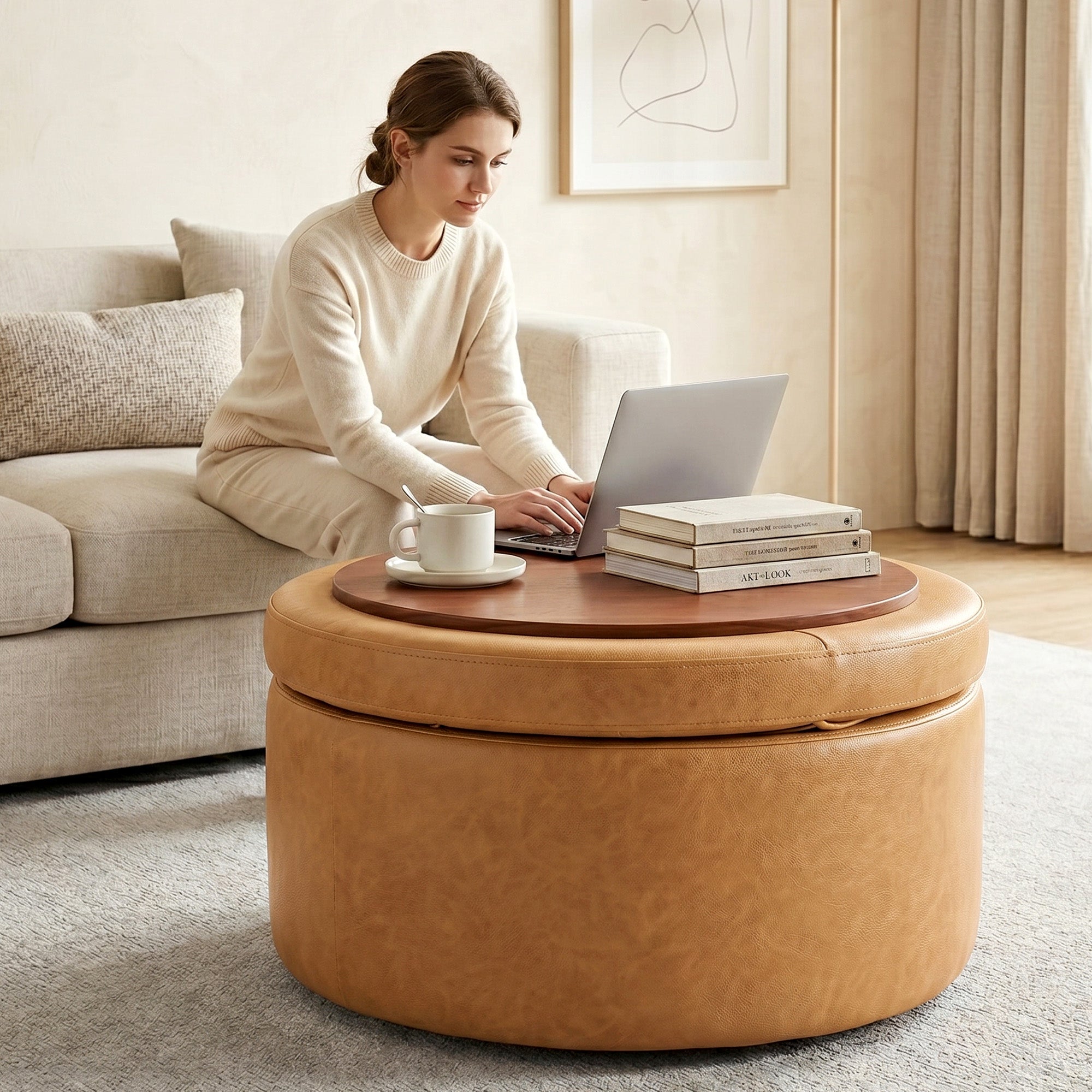 Easthome Multi-Function Round Storage Ottoman with Lockable Casters, Detachable Wood Tray Top, Button Tufted Foot Stool for Living Room Bedroom Study