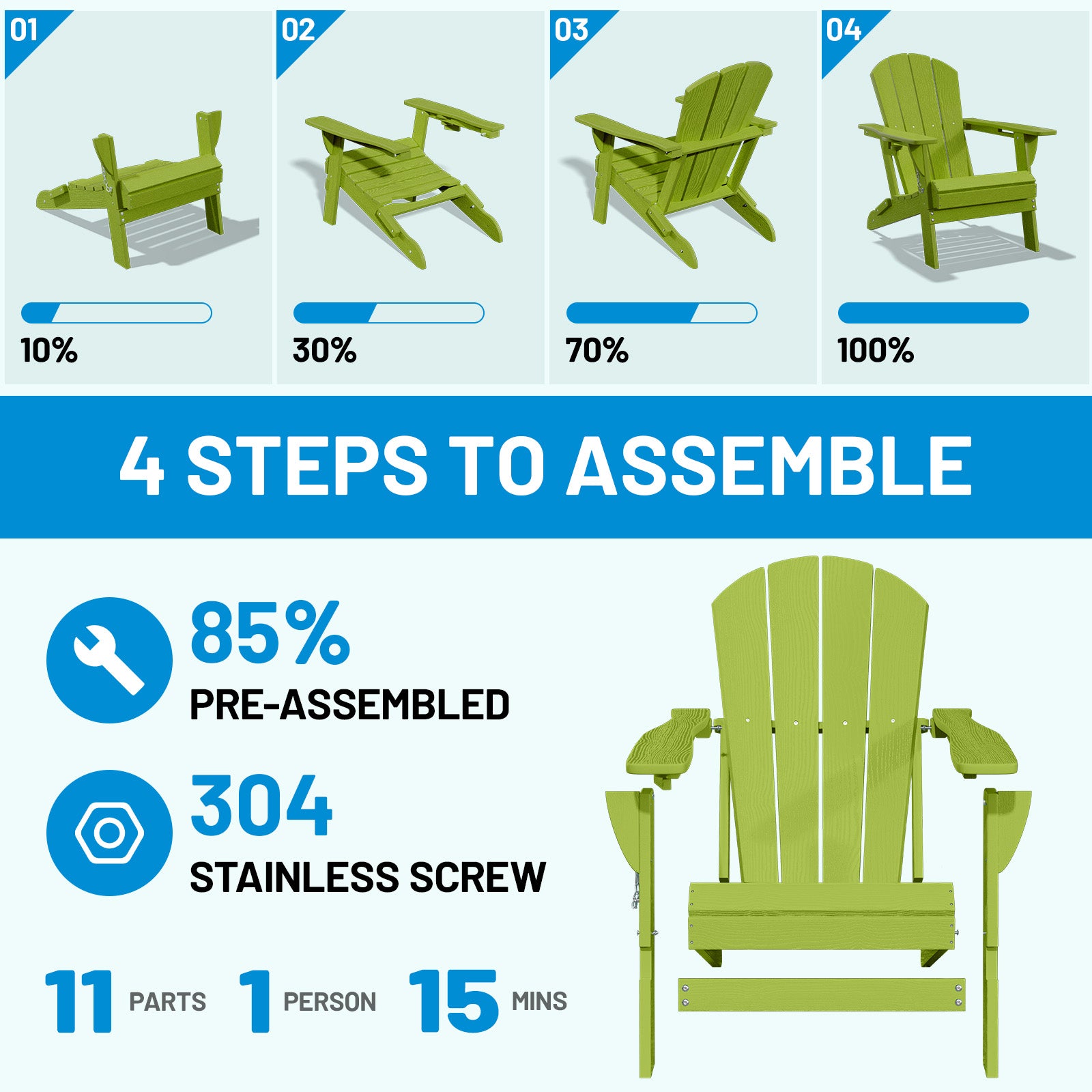 Easthome Adirondack Chair, HDPE All-Weather Outdoor Patio Lounge Chair with Cup Holder & 380lb Capacity for Deck, Garden, Poolside, Backyard
