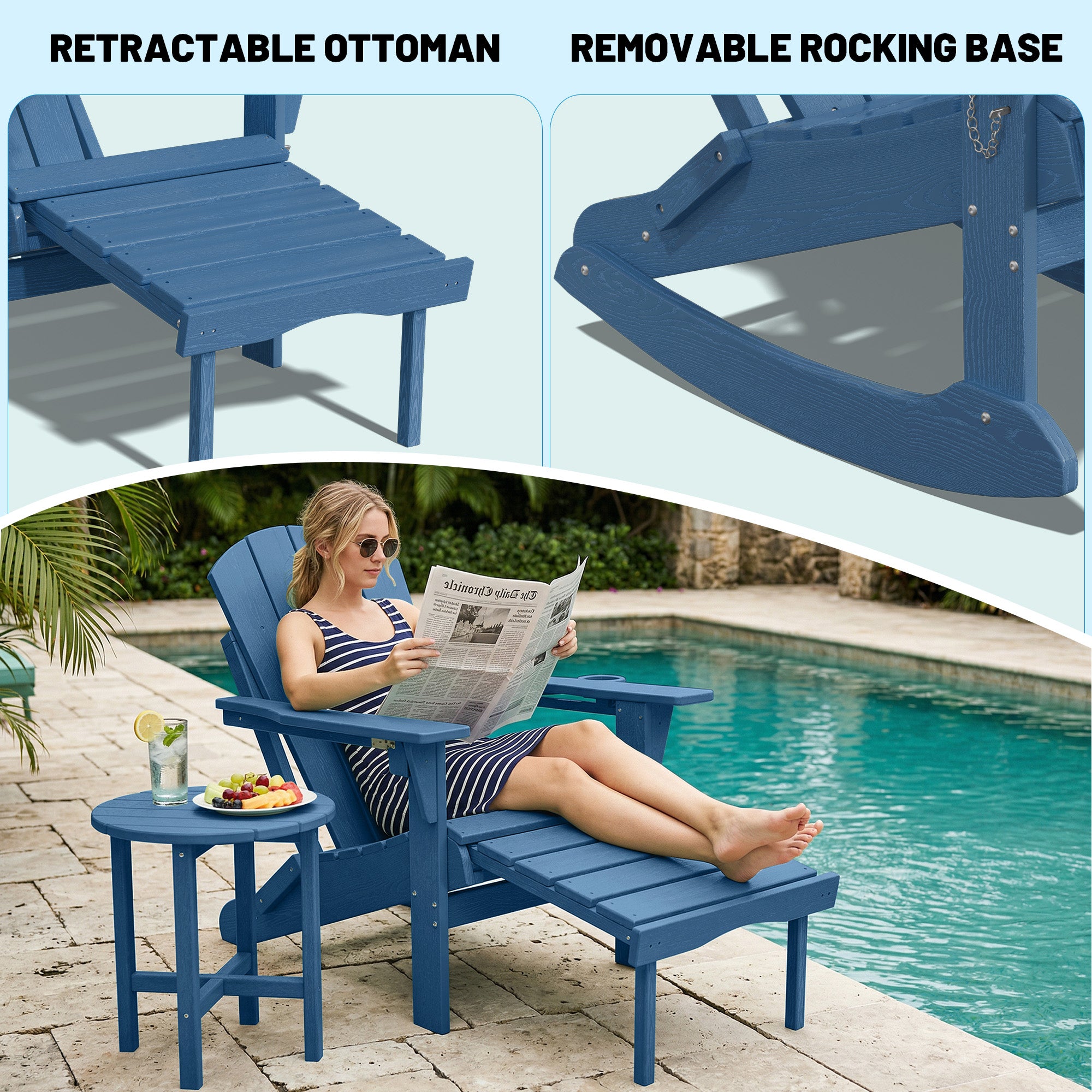 Easthome 4-in-1 Folding Adirondack Rocking Chair with Ottoman & Dual Cup Holders, Wood Texture HDPE All-Weather Outdoor Lounge Chair for Patio, Backyard, Pool