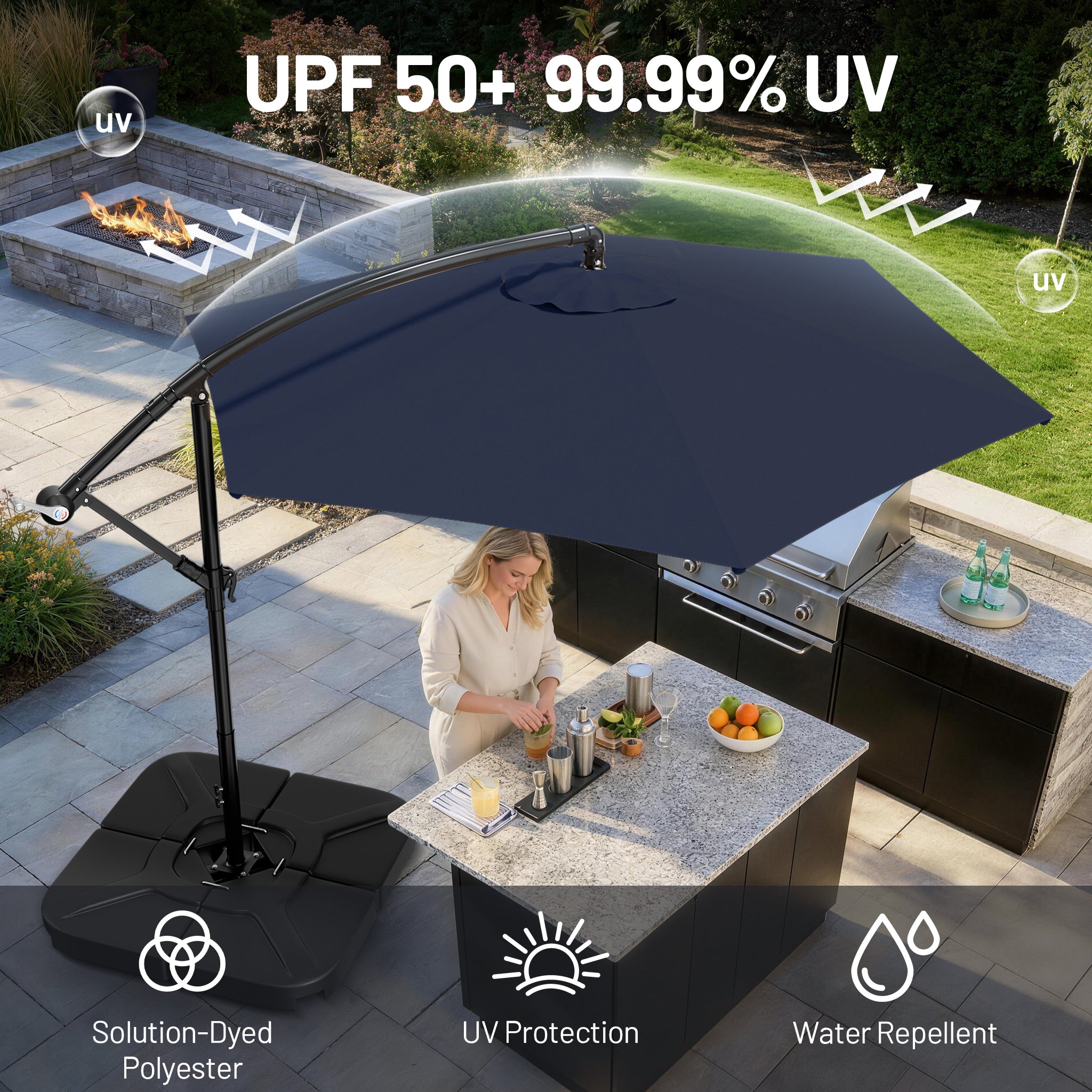 Easthome 10ft Solar LED Offset Hanging Market Patio Umbrella for Backyard, Poolside, Lawn and Garden w/Easy Tilt Adjustment, Polyester Shade, 6 Ribs