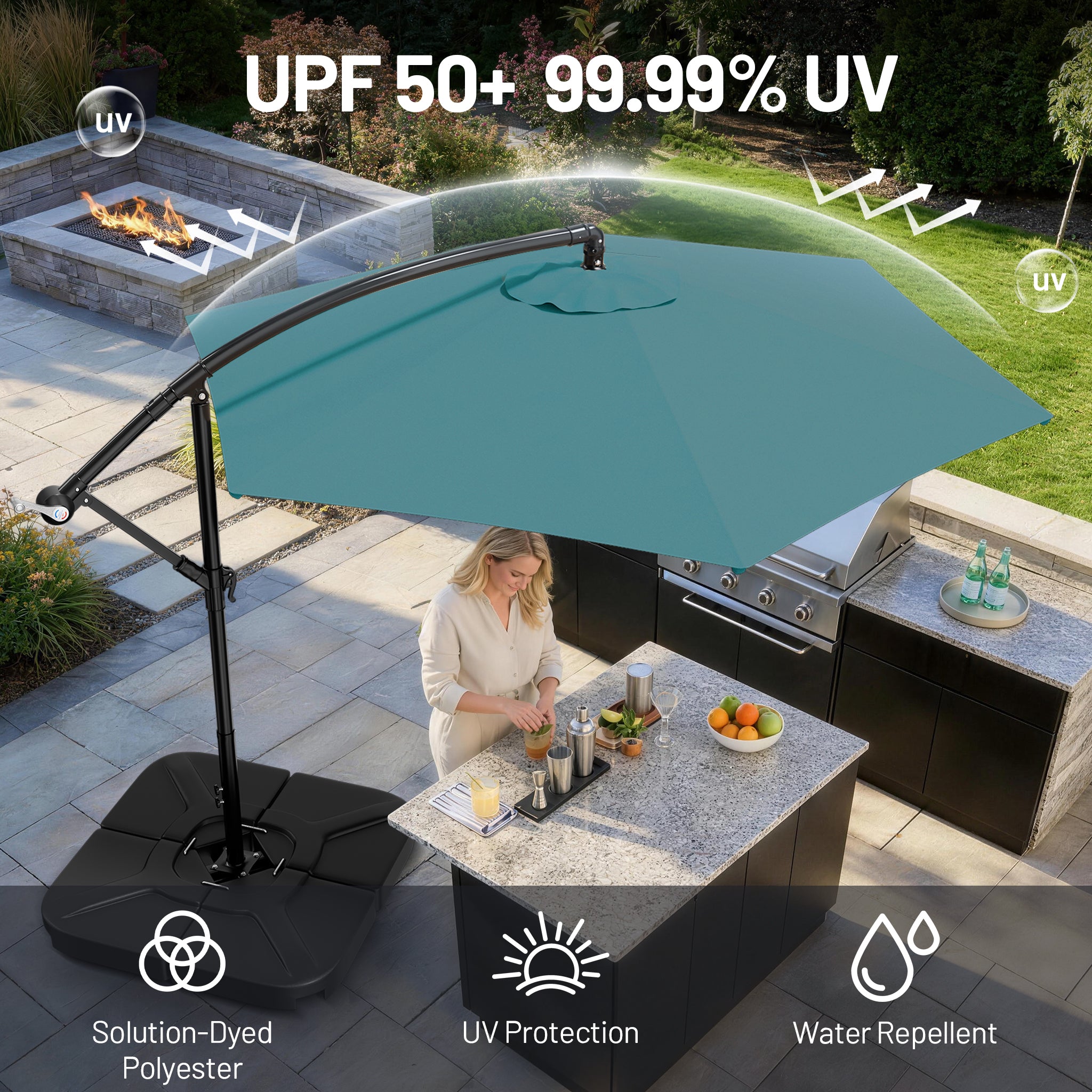 Easthome 10ft Solar LED Offset Hanging Market Patio Umbrella for Backyard, Poolside, Lawn and Garden w/Easy Tilt Adjustment, Polyester Shade, 6 Ribs