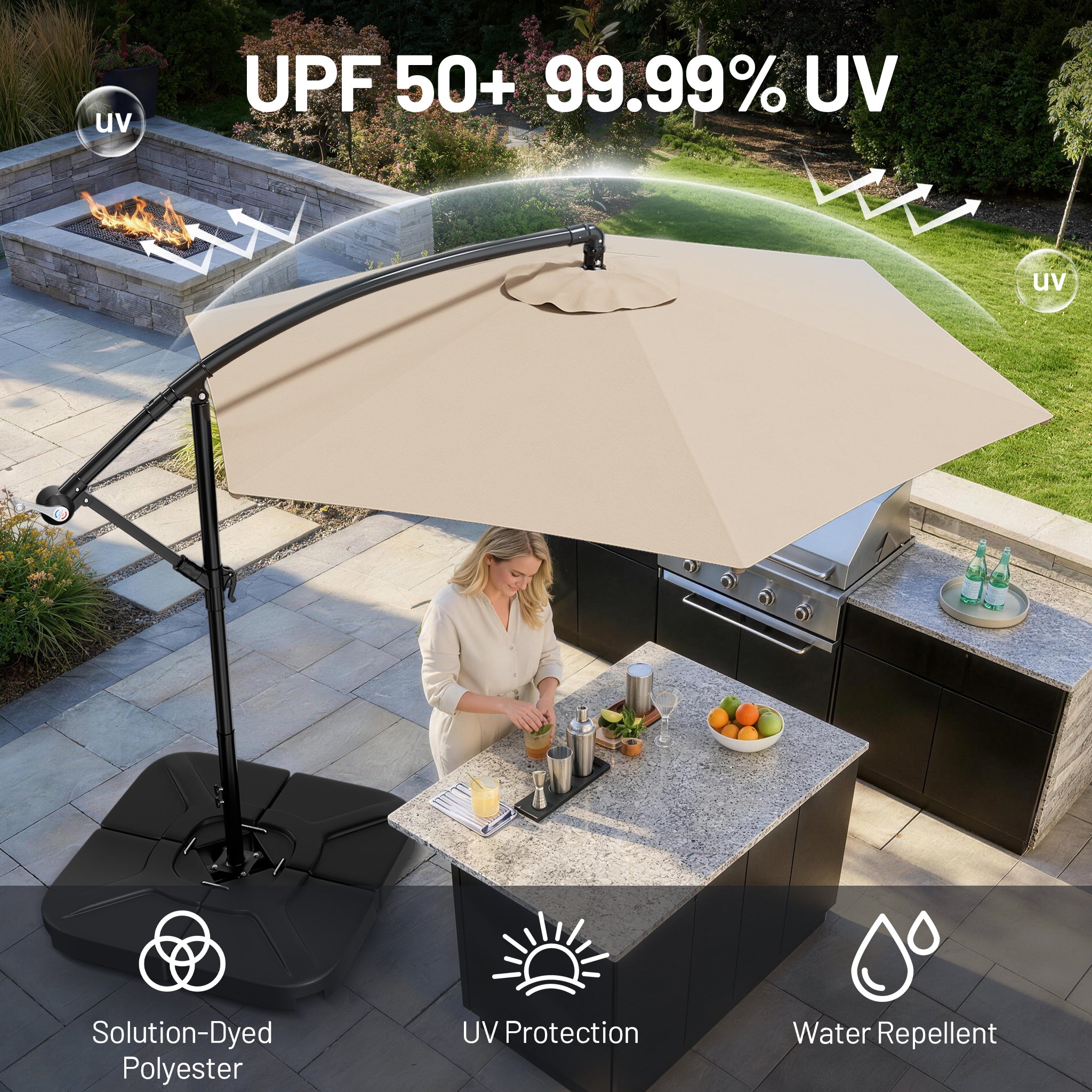 Easthome 10ft Solar LED Offset Hanging Market Patio Umbrella for Backyard, Poolside, Lawn and Garden w/Easy Tilt Adjustment, Polyester Shade, 6 Ribs